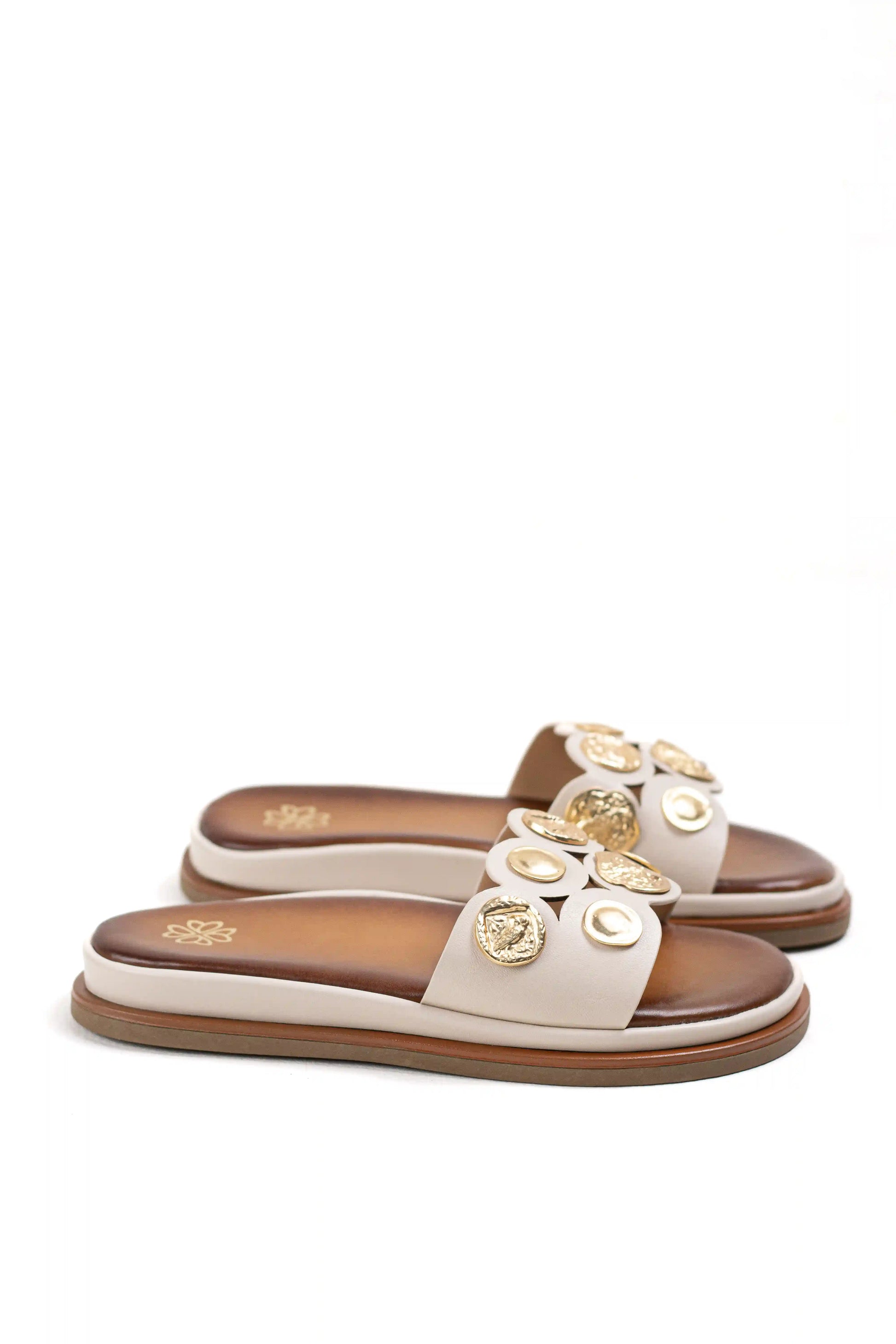 sandalias planas con detalles dorados y diseno elegante color Beige talla 38