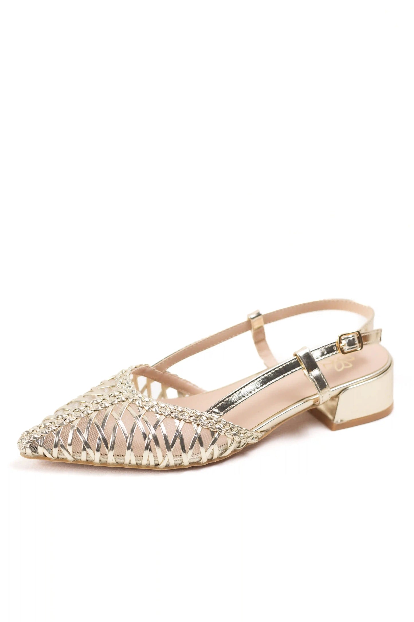 zapatos destalonados con tiras entrelazadas y tacon metalizado color Dorado talla 40