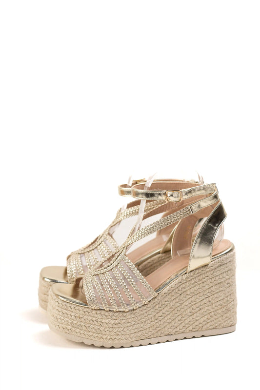 sandalias de cunas de esparto con plataforma y pulsera ajustable color Doradas talla 36