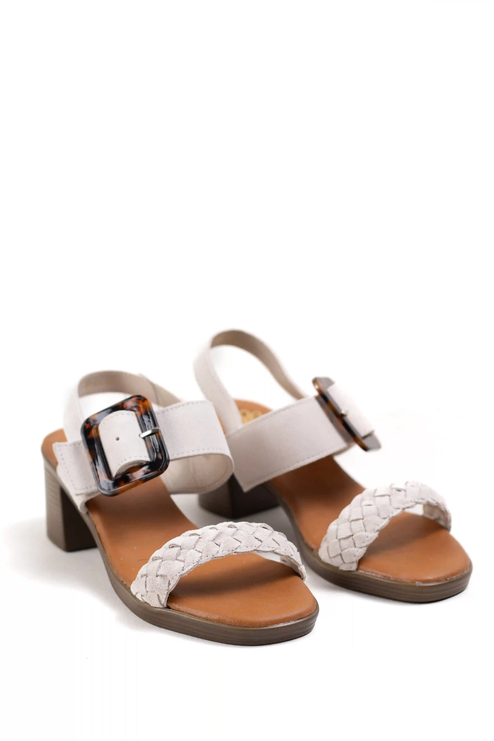 sandalias de tacon medio en cuero con detalle trenzado y hebilla ajustable estilo casual elegante color Beige talla 37