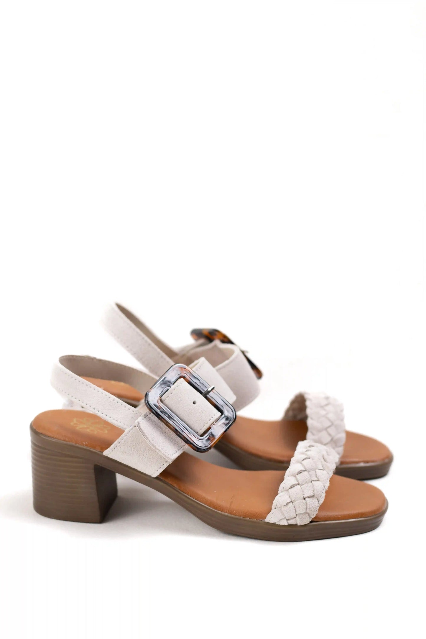 sandalias de tacon medio en cuero con detalle trenzado y hebilla ajustable estilo casual elegante color Beige talla 38