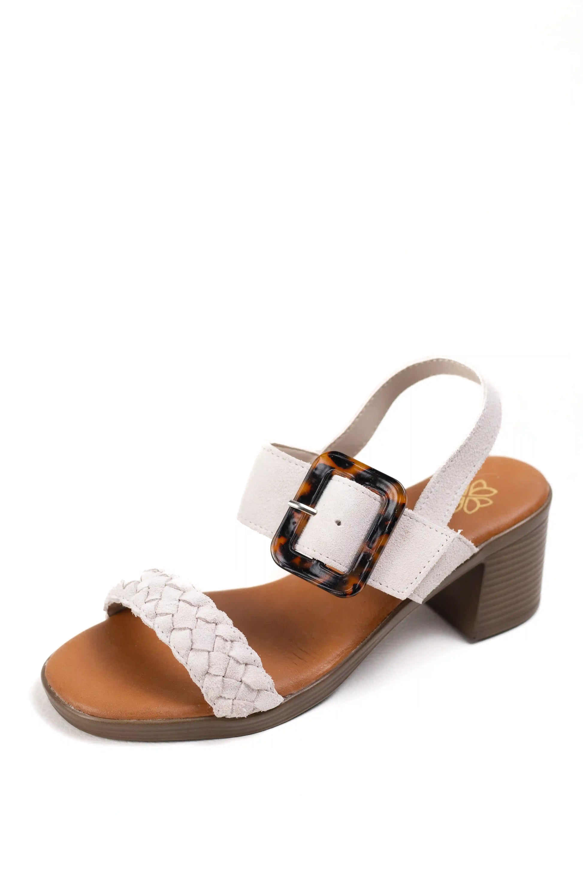 sandalias de tacon medio en cuero con detalle trenzado y hebilla ajustable estilo casual elegante color Beige talla 39