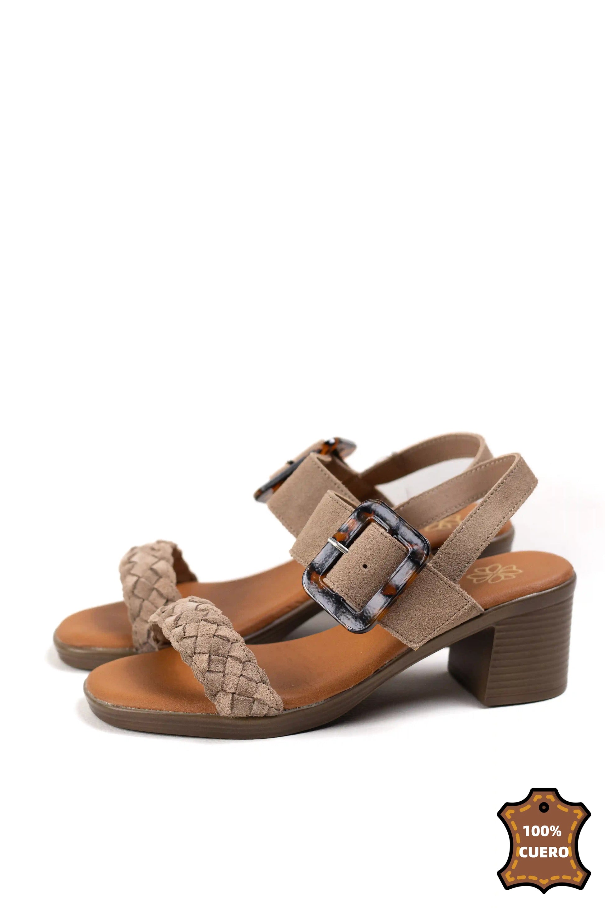 sandalias de tacon medio en cuero con detalle trenzado y hebilla ajustable estilo casual elegante color Kaki talla 36