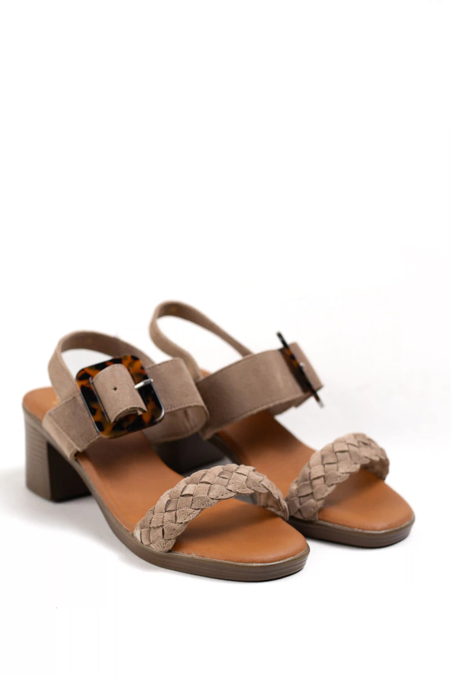 sandalias de tacon medio en cuero con detalle trenzado y hebilla ajustable estilo casual elegante color Kaki talla 38