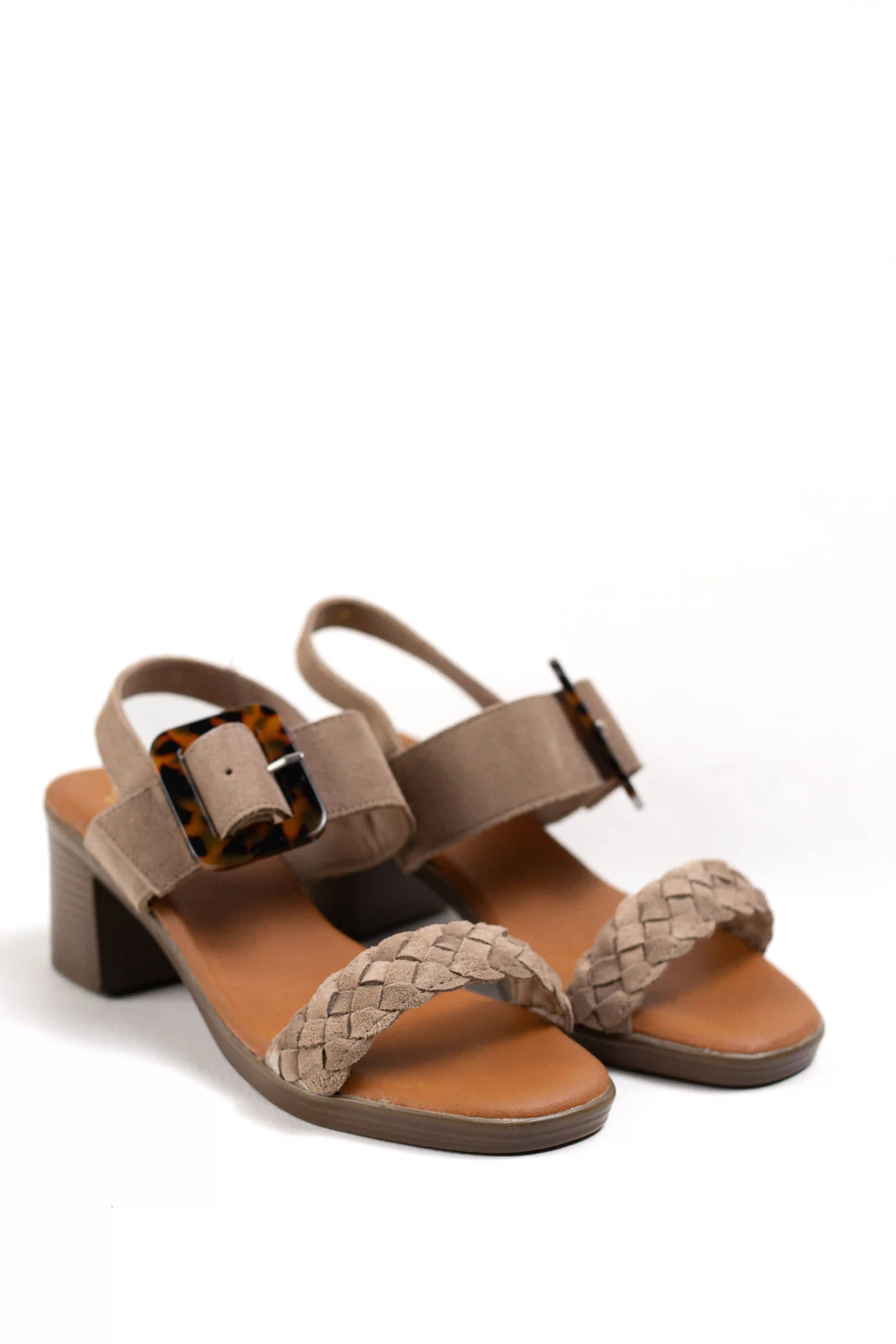 sandalias de tacon medio en cuero con detalle trenzado y hebilla ajustable estilo casual elegante color Kaki talla 38