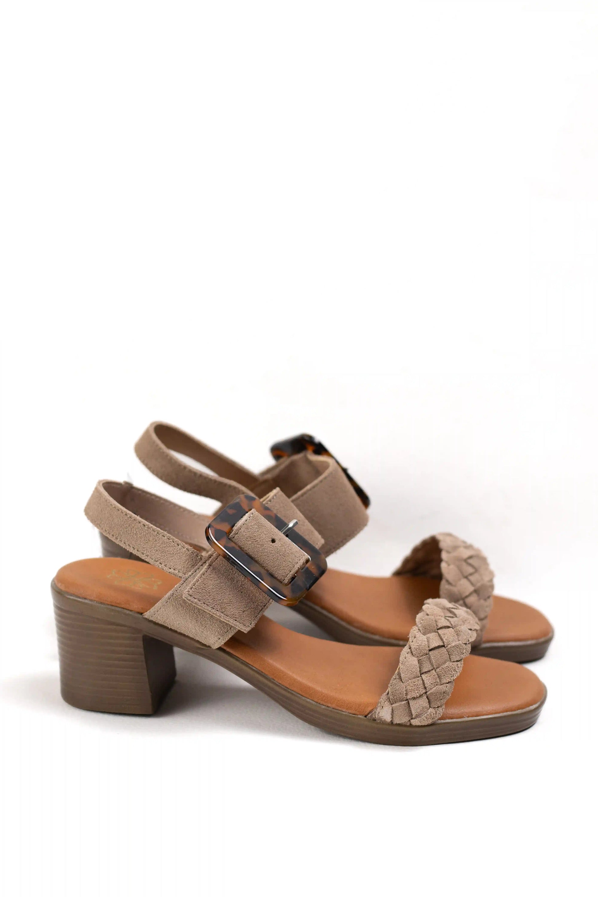 sandalias de tacon medio en cuero con detalle trenzado y hebilla ajustable estilo casual elegante color Kaki talla 39