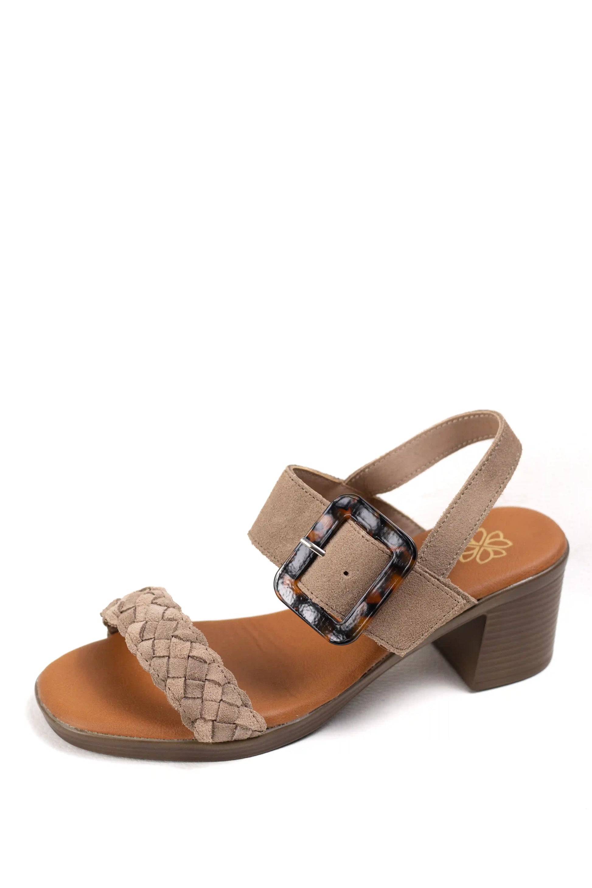sandalias de tacon medio en cuero con detalle trenzado y hebilla ajustable estilo casual elegante color Kaki talla 40