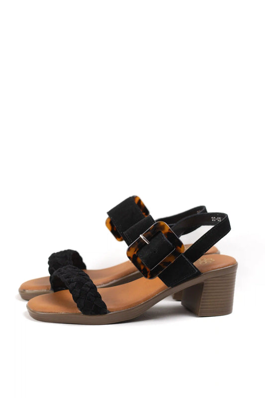sandalias de tacon medio en cuero con detalle trenzado y hebilla ajustable estilo casual elegante color Negro talla 40