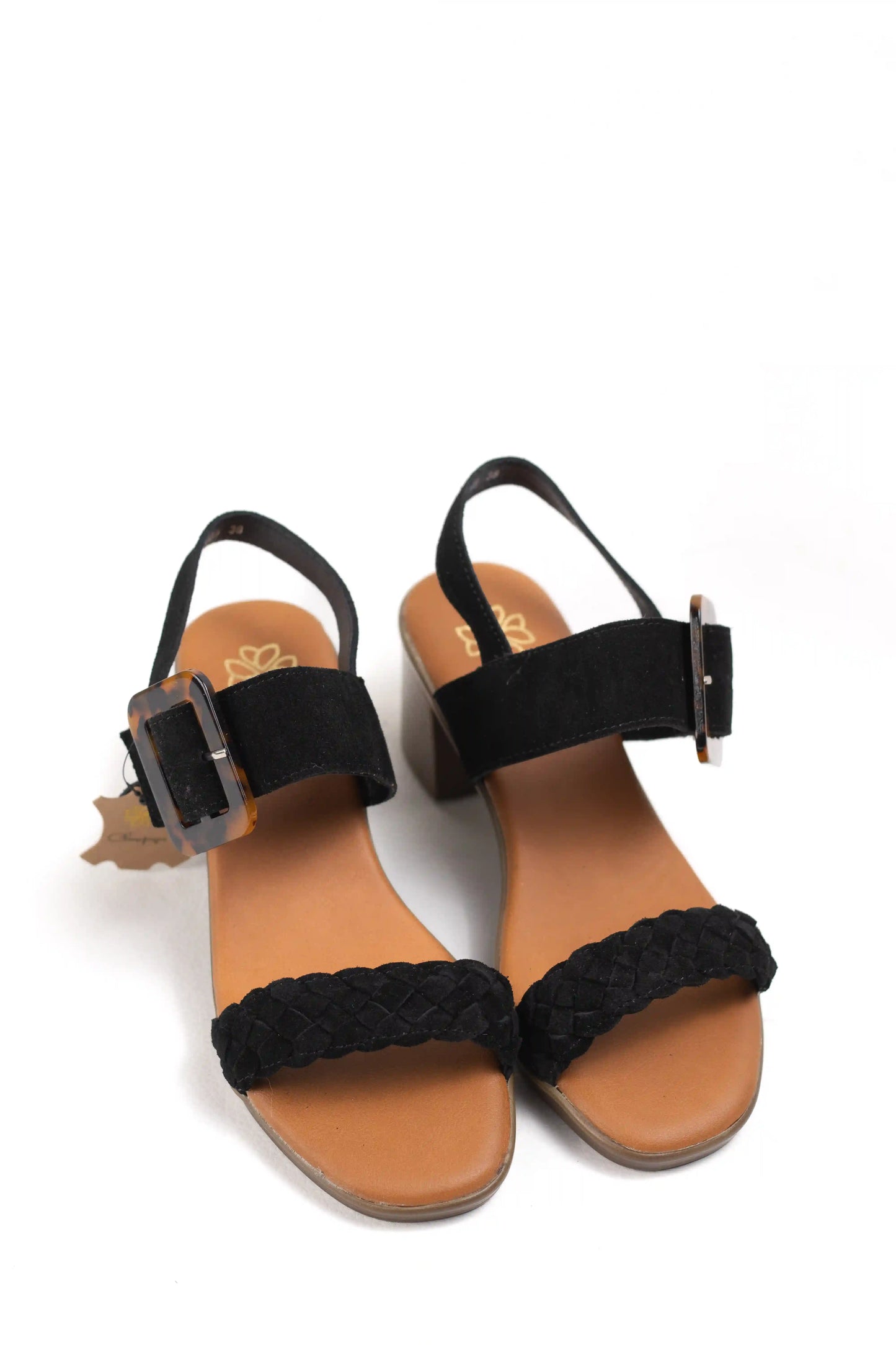 sandalias de tacon medio en cuero con detalle trenzado y hebilla ajustable estilo casual elegante color Negro talla 41