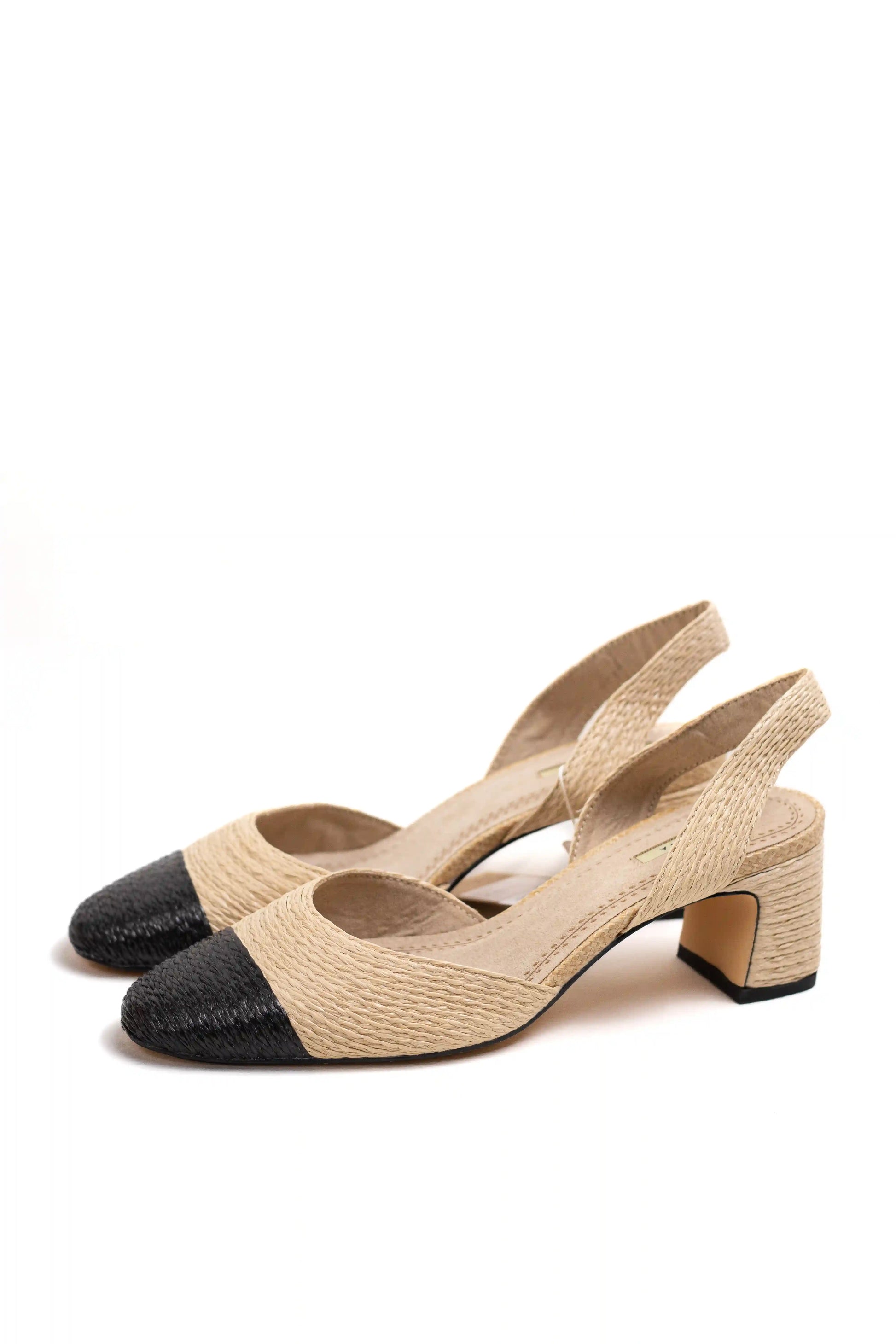 zapatos de tacon bajo en yute con puntera negra diseno slingback y suela comoda elegancia natural para cualquier ocasion color Natural-Negro talla 36