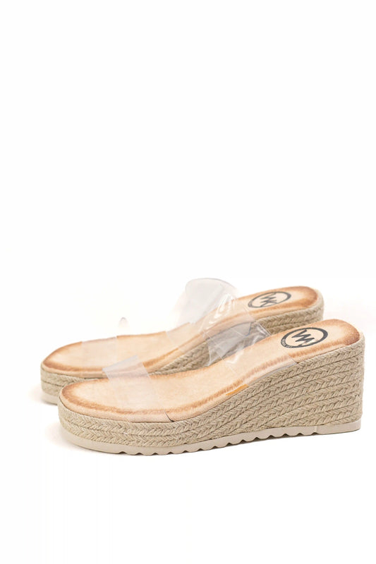 sandalias cunas con plataforma de yute y tira vinilo transparente estilo minimalista y versatil color Apricot talla 36