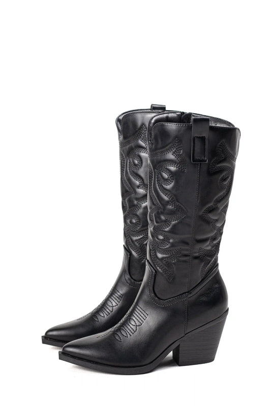 botas cowboy acolchadas negras de mujer con tacon medio y bordados en piel sintetica con cremallera Negro 36