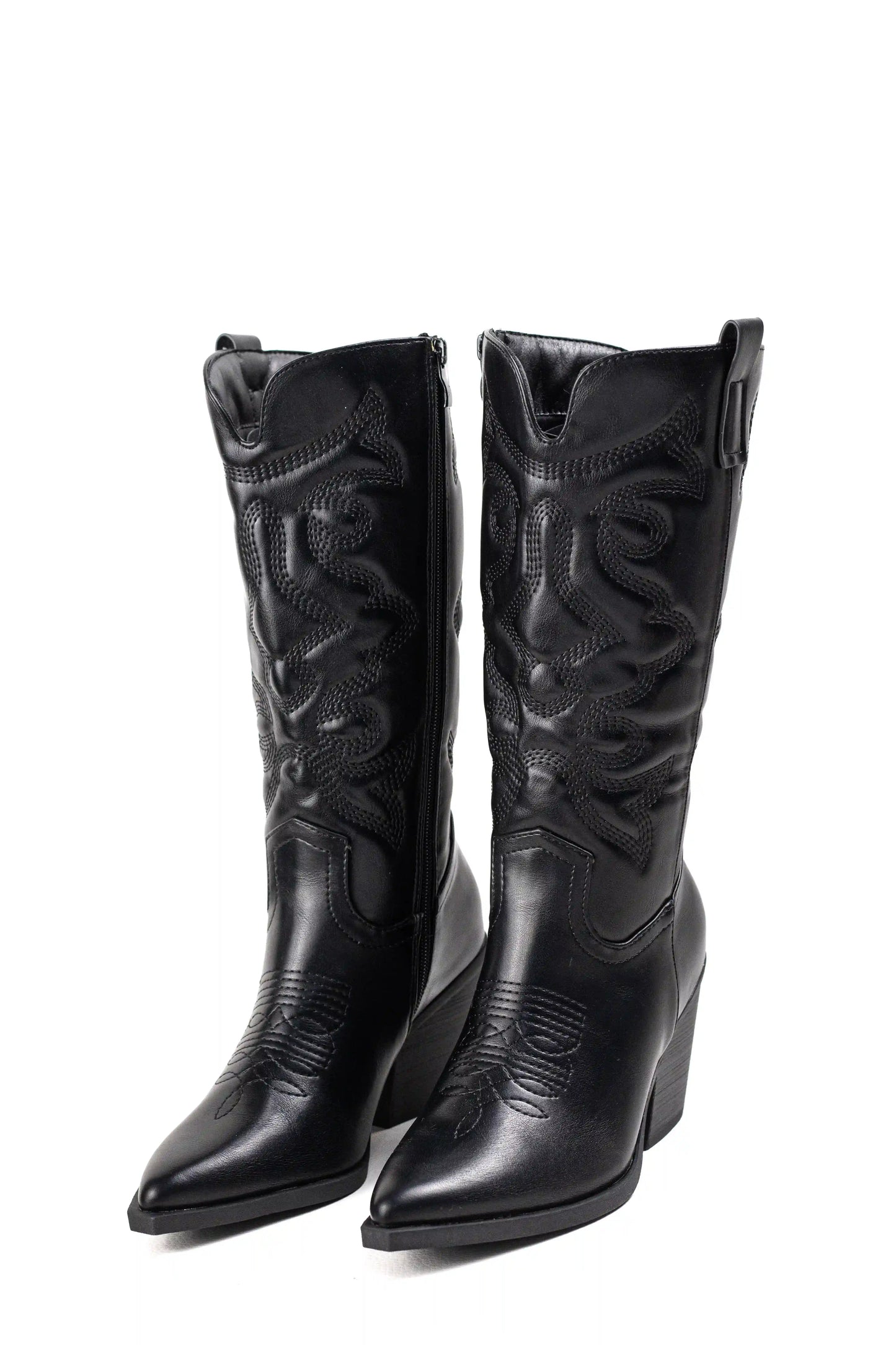 Botas cowboy acolchadas negras de mujer con tacón medio y bordados en piel sintética con cremallera