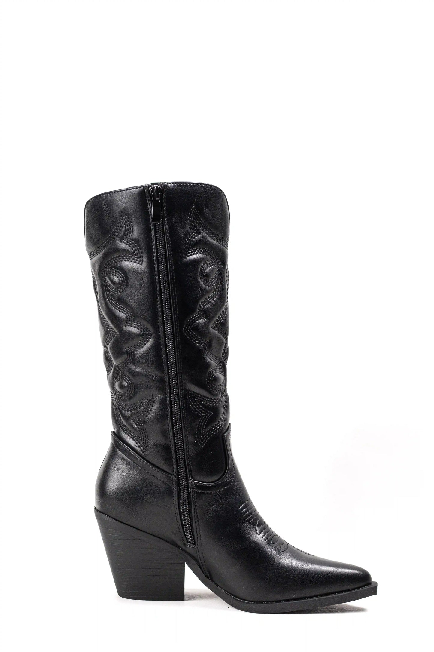 Botas cowboy acolchadas negras de mujer con tacón medio y bordados en piel sintética con cremallera