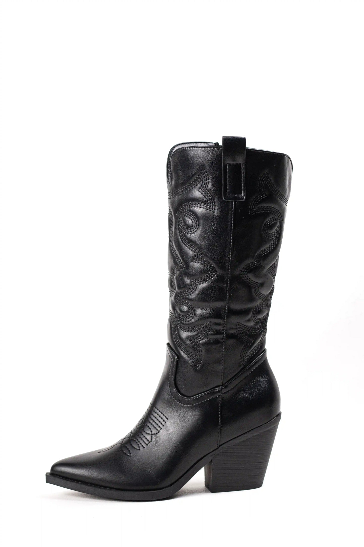 Botas cowboy acolchadas negras de mujer con tacón medio y bordados en piel sintética con cremallera