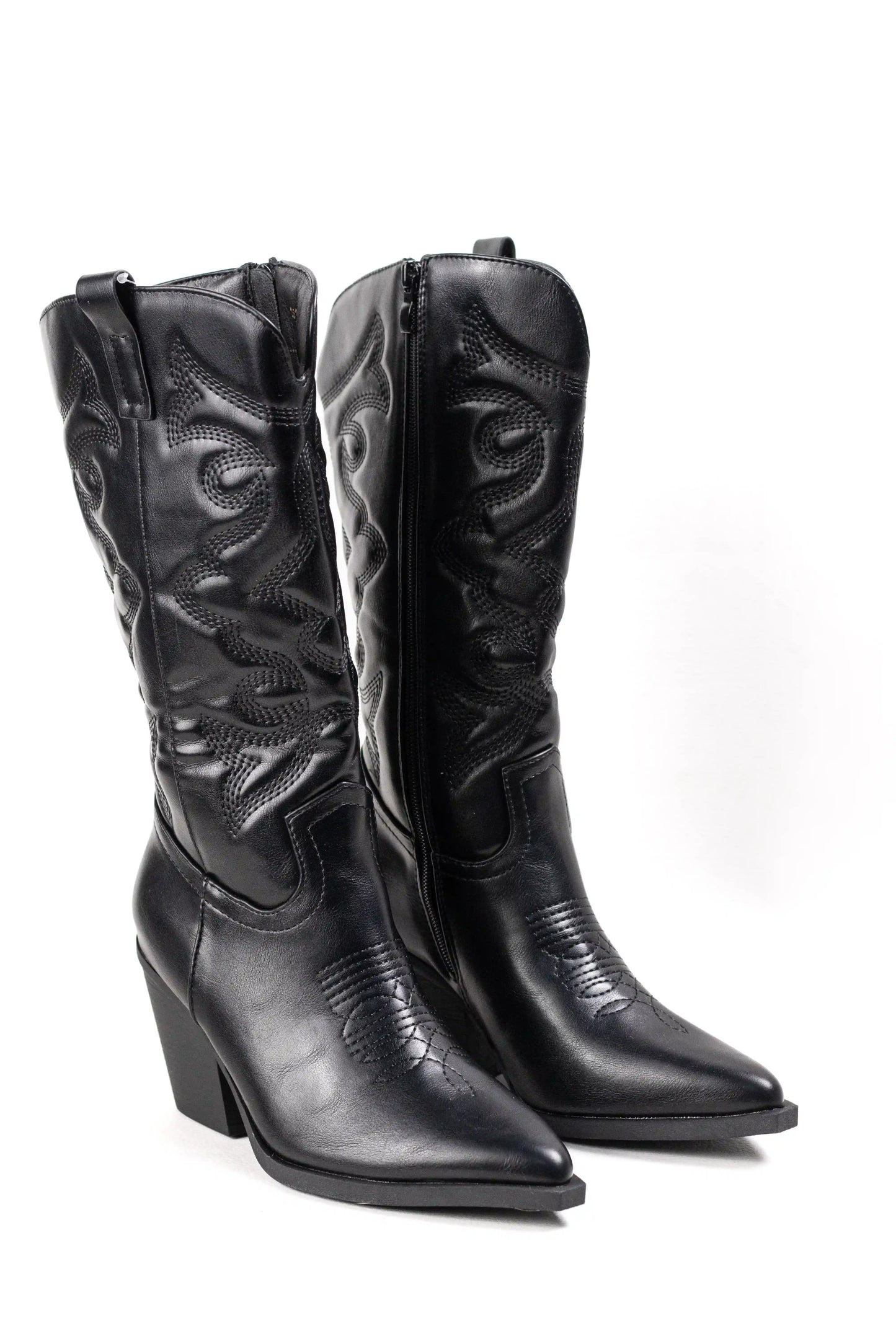 Botas cowboy acolchadas negras de mujer con tacón medio y bordados en piel sintética con cremallera