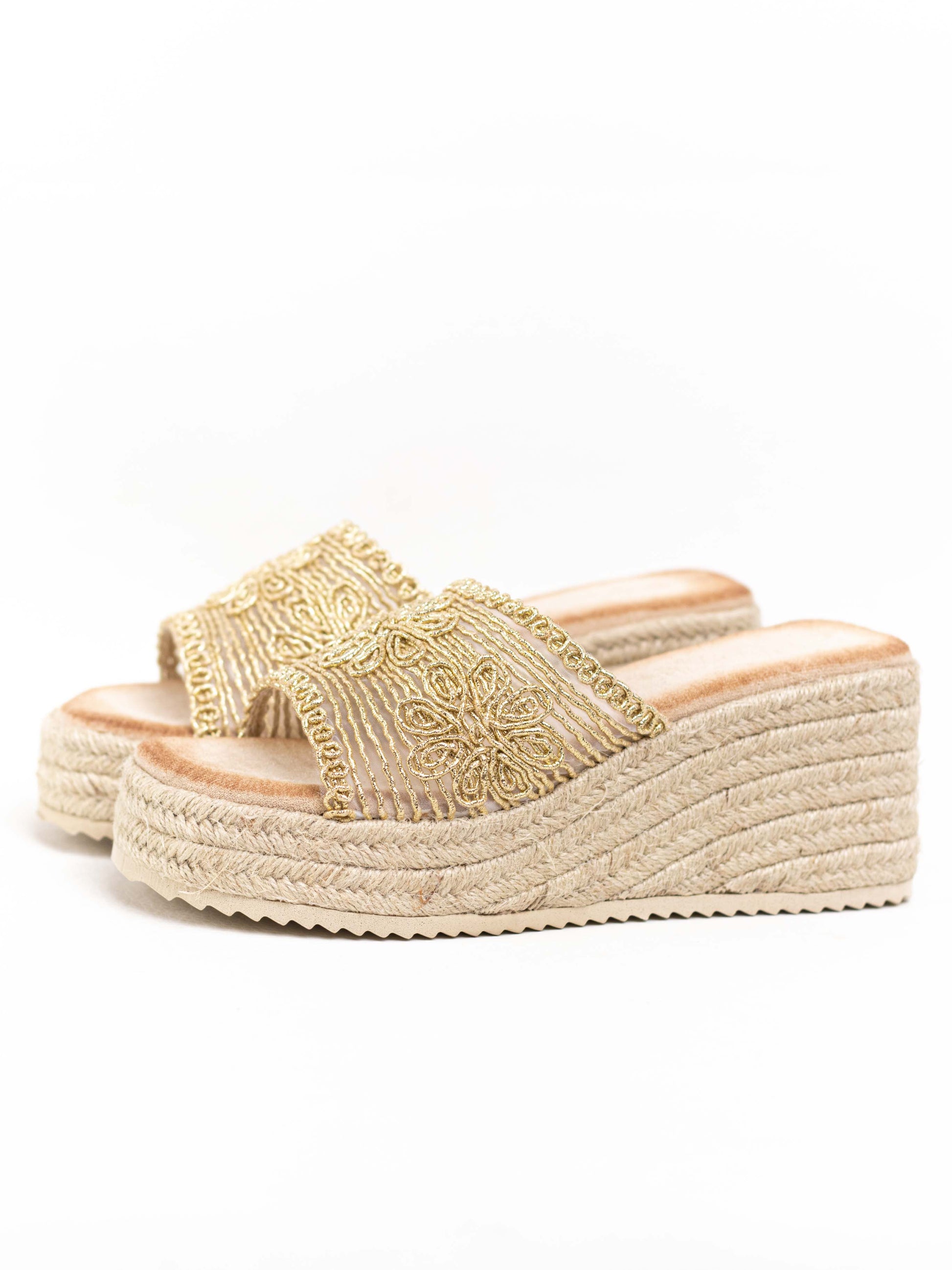 sandalias cunas plataforma yute diseno crochet Dorado 37