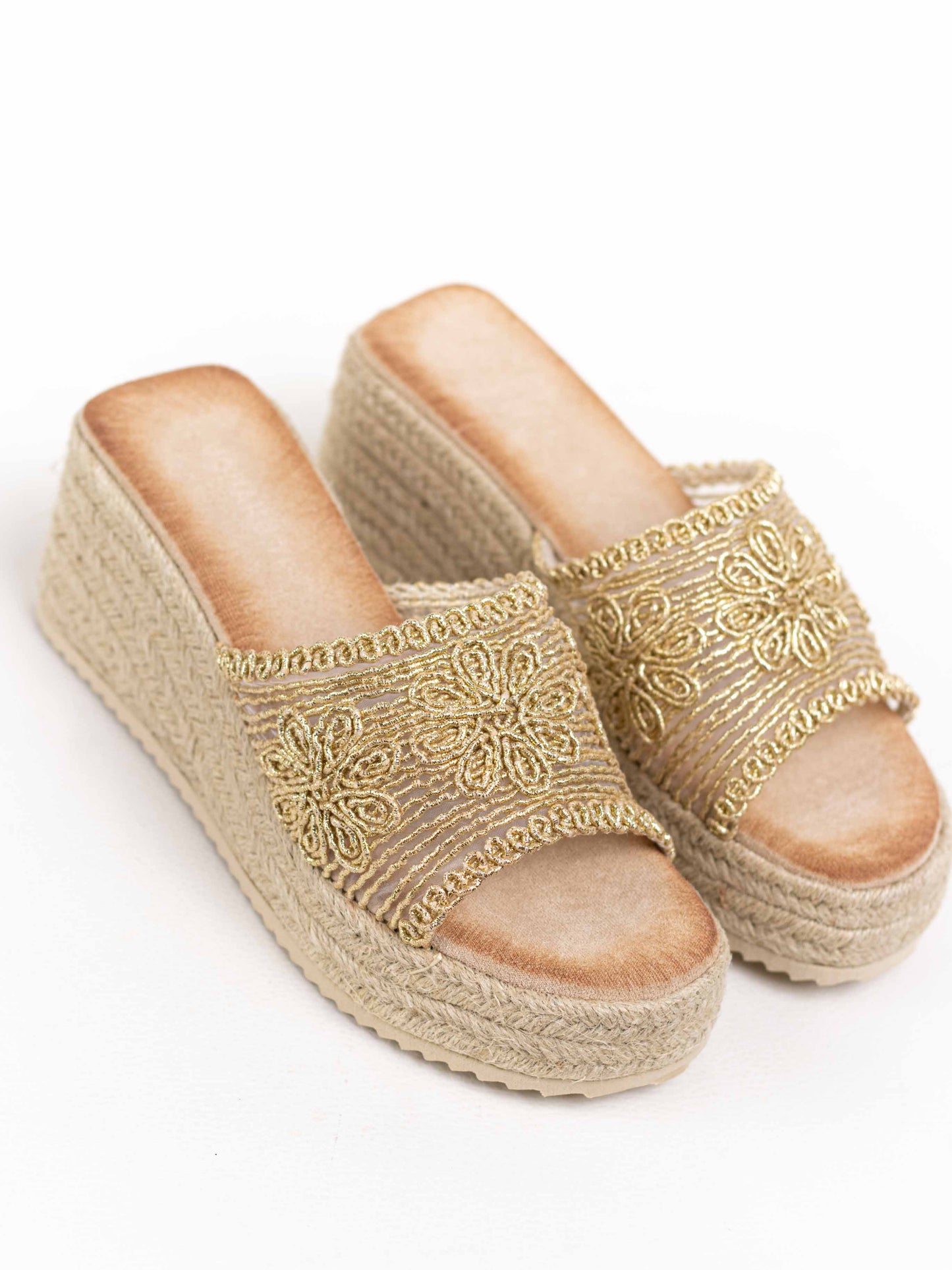 sandalias cunas plataforma yute diseno crochet Dorado 39