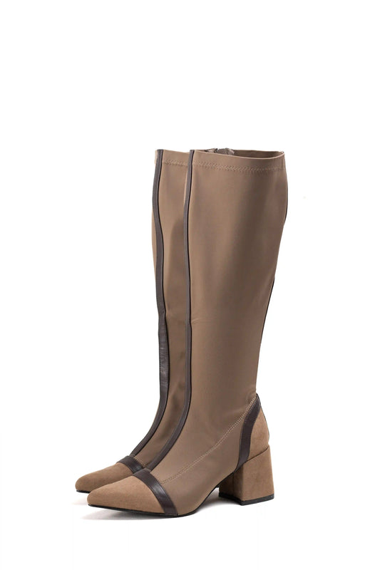 Botas altas de tacón ancho en ante y tejido elástico con diseño elegante