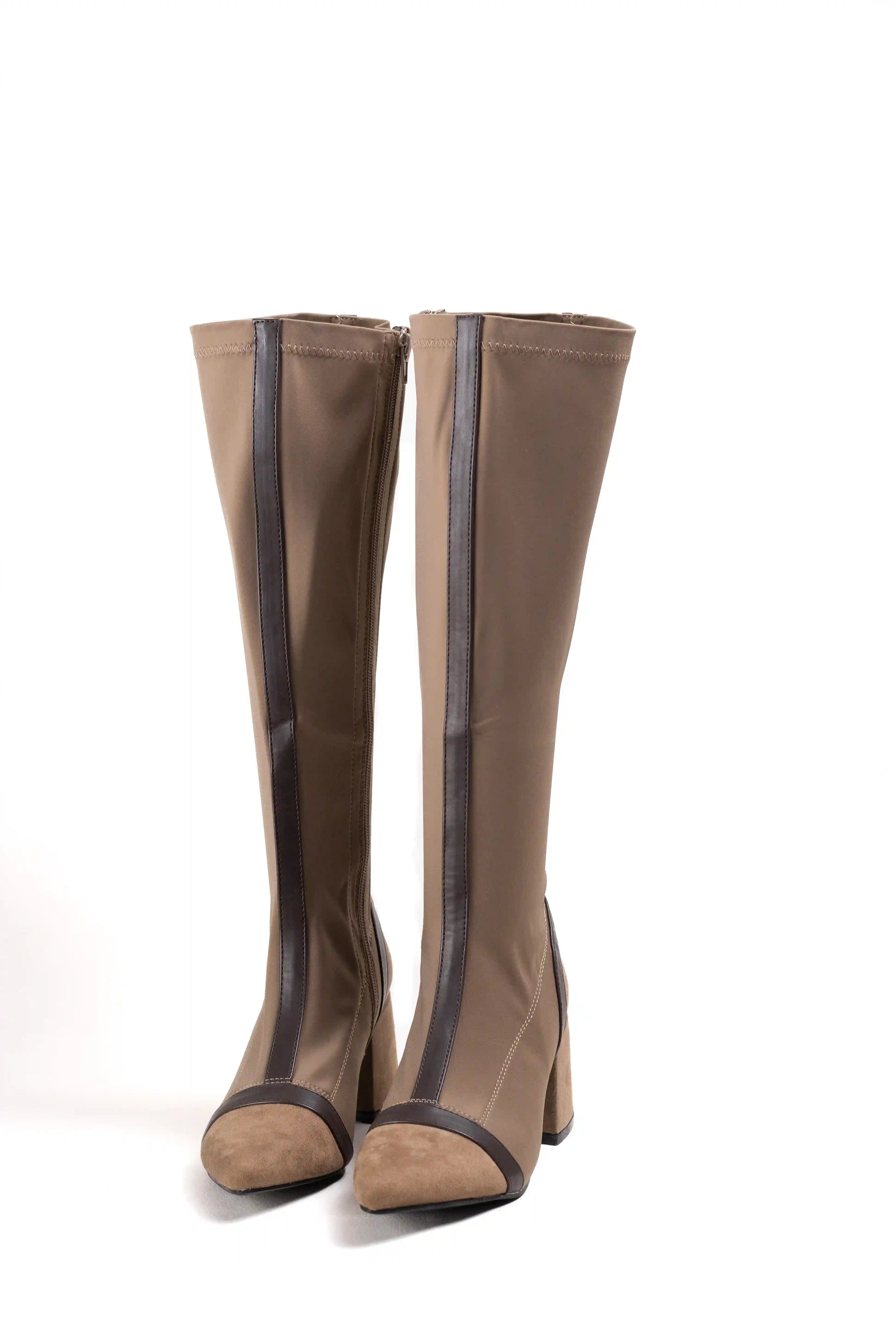 botas altas de tacon ancho en ante y tejido elastico con diseno elegante Beige 38