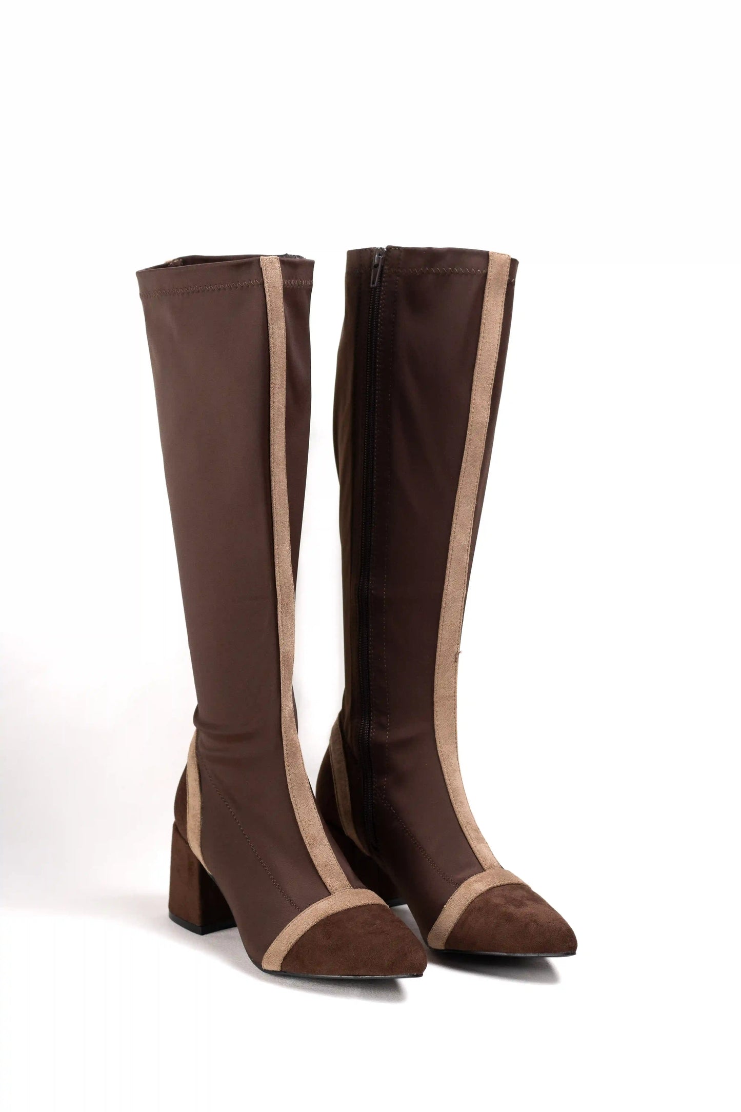 Botas altas de tacón ancho en ante y tejido elástico con diseño elegante