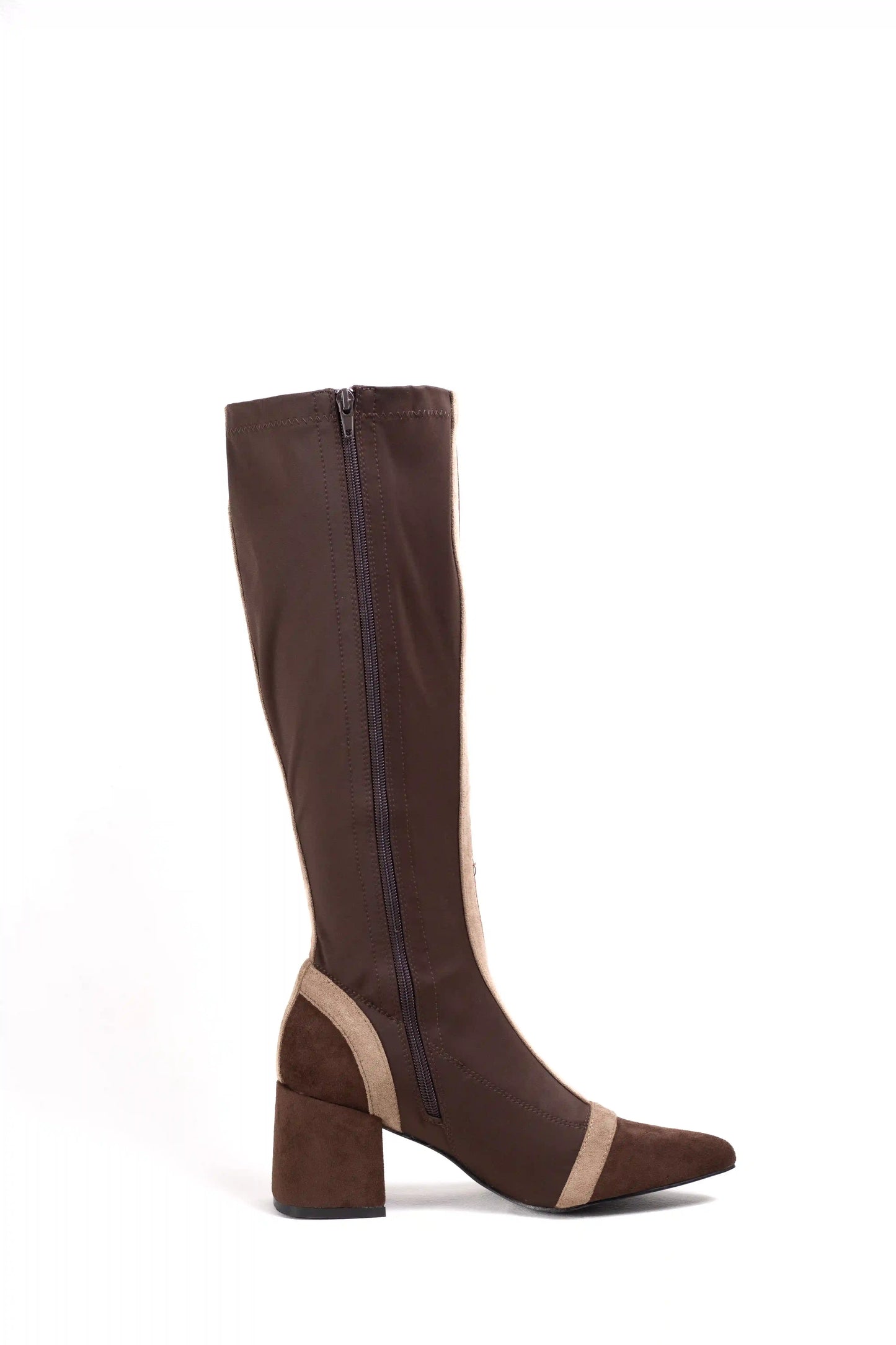 Botas altas de tacón ancho en ante y tejido elástico con diseño elegante