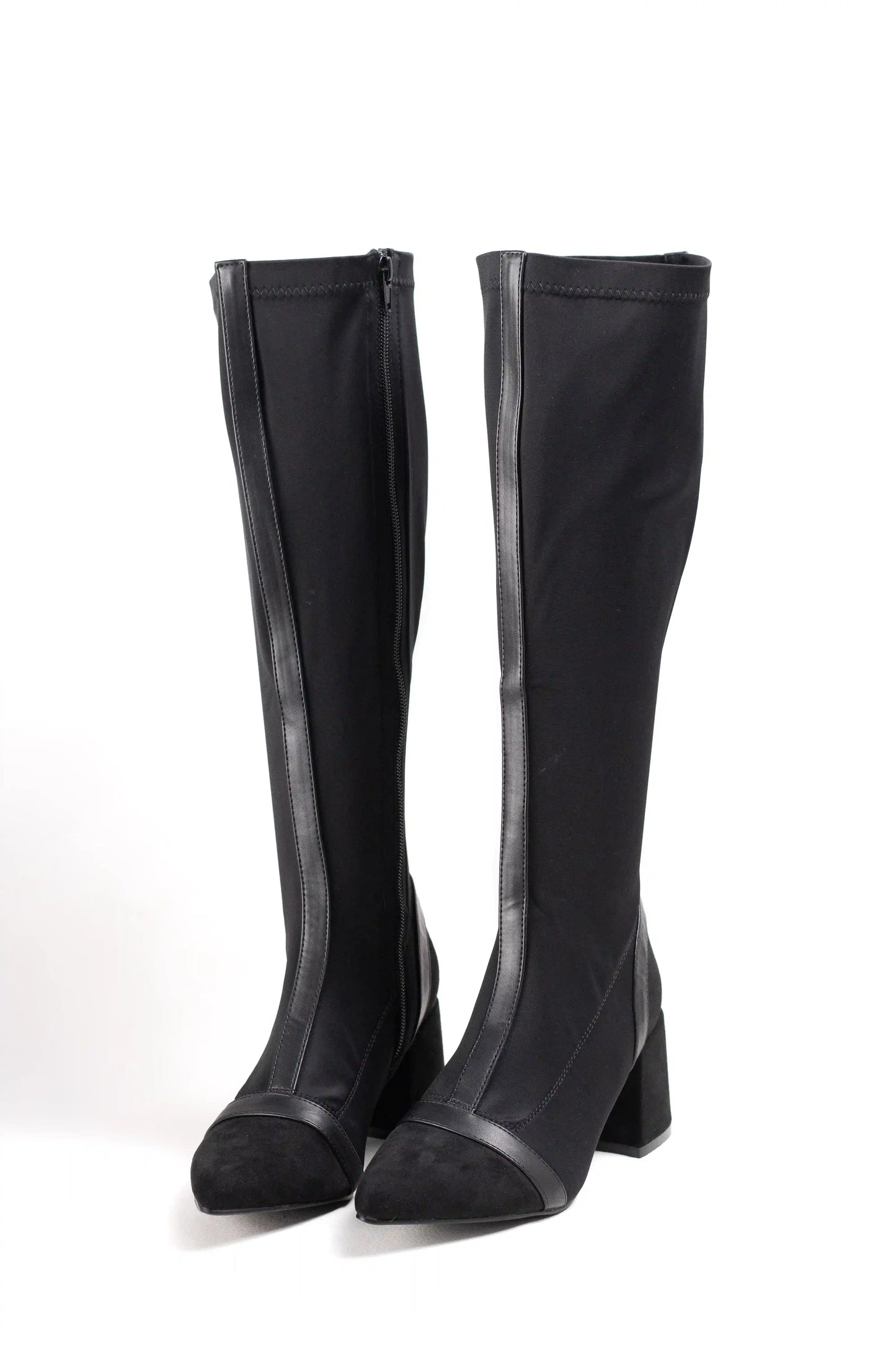 Botas altas de tacón ancho en ante y tejido elástico con diseño elegante