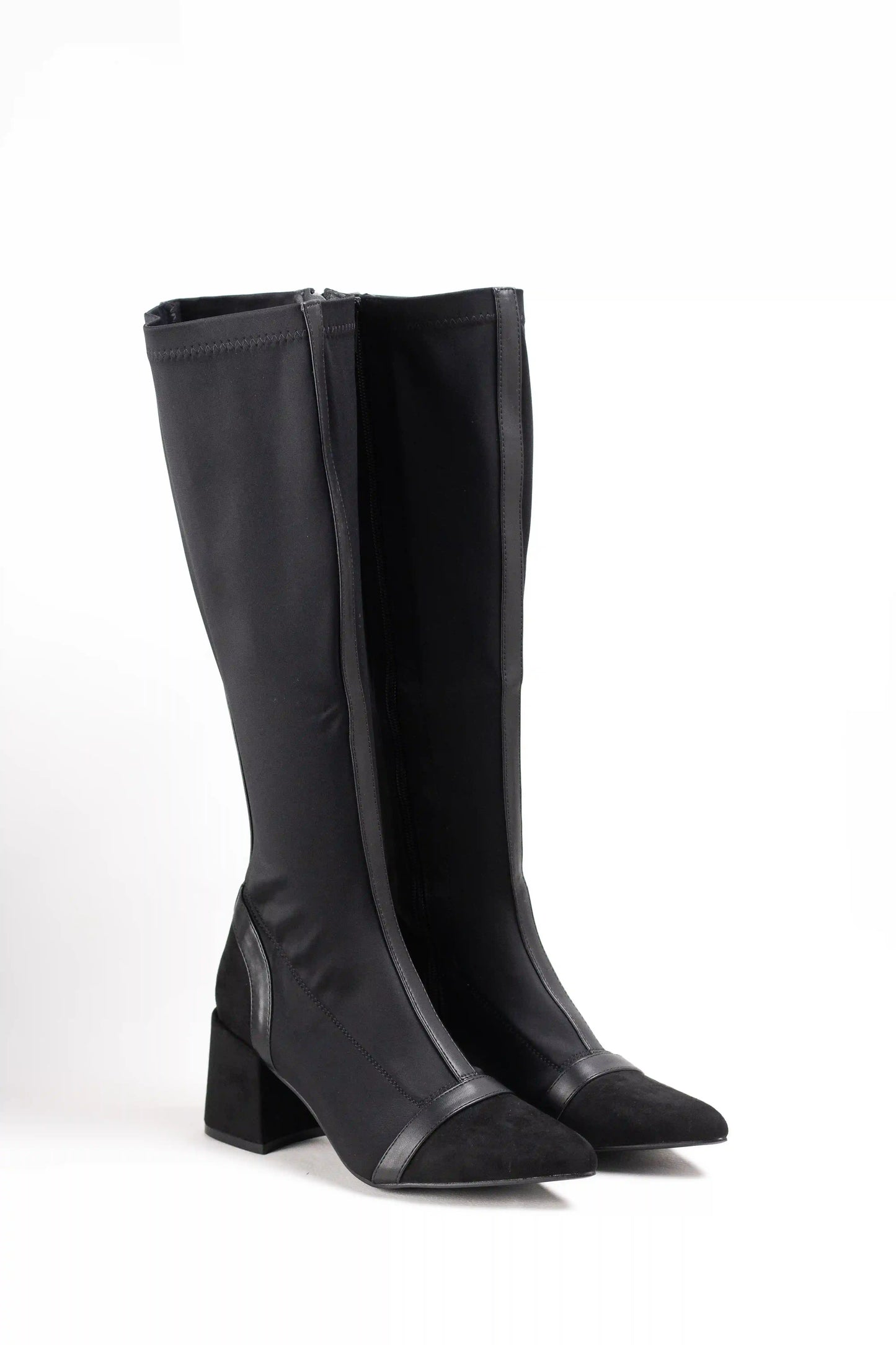 Botas altas de tacón ancho en ante y tejido elástico con diseño elegante