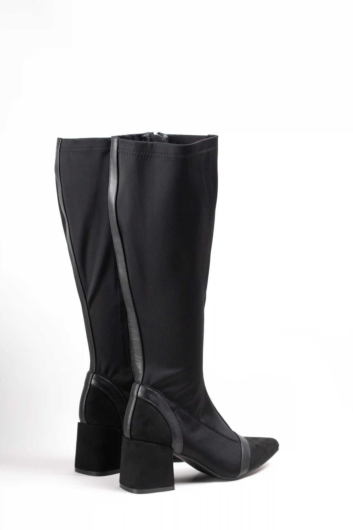 Botas altas de tacón ancho en ante y tejido elástico con diseño elegante