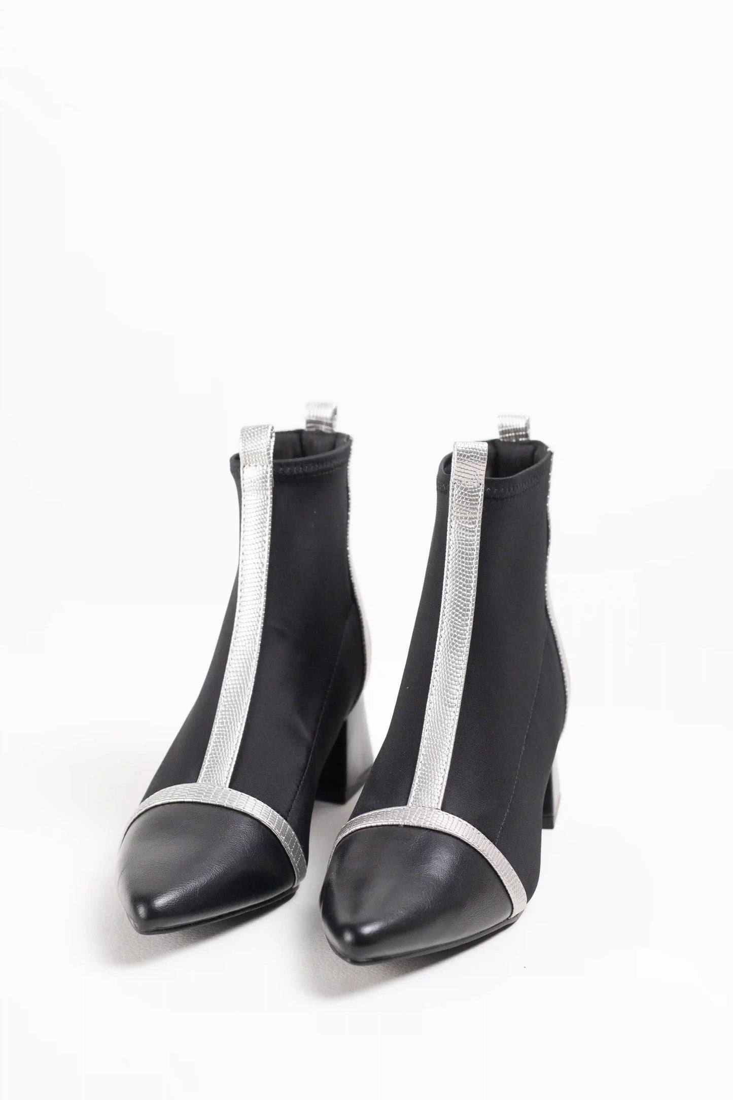 Botines cominados en tejido elástico efecto calcetín mujer tacón bajo punta fina