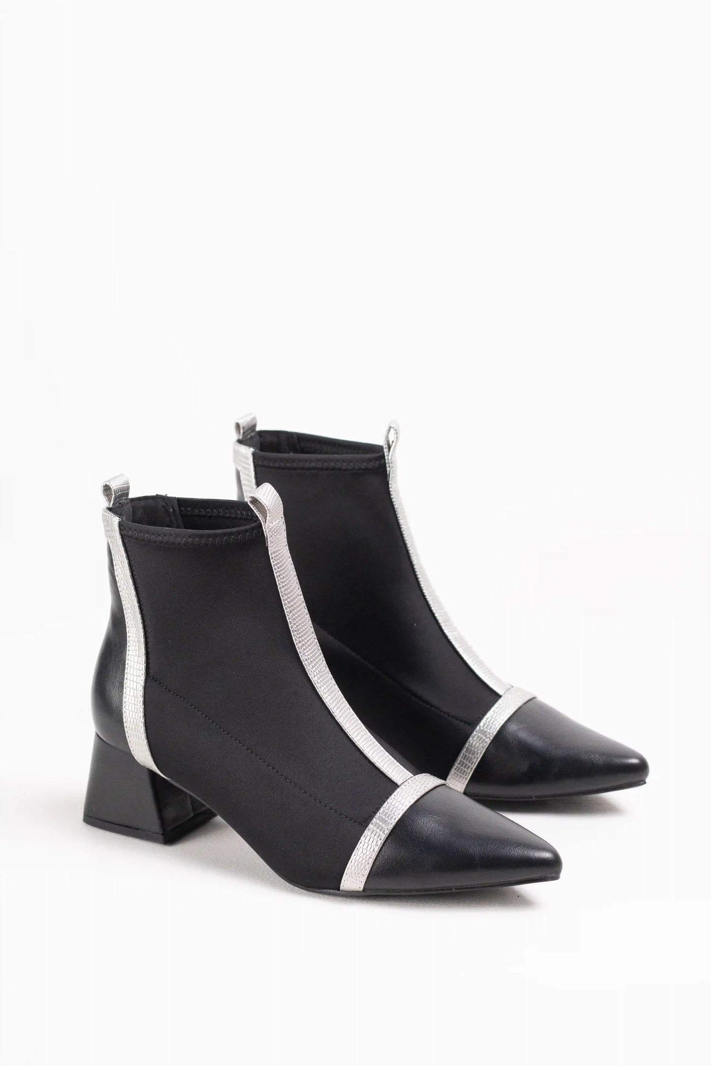 Botines cominados en tejido elástico efecto calcetín mujer tacón bajo punta fina