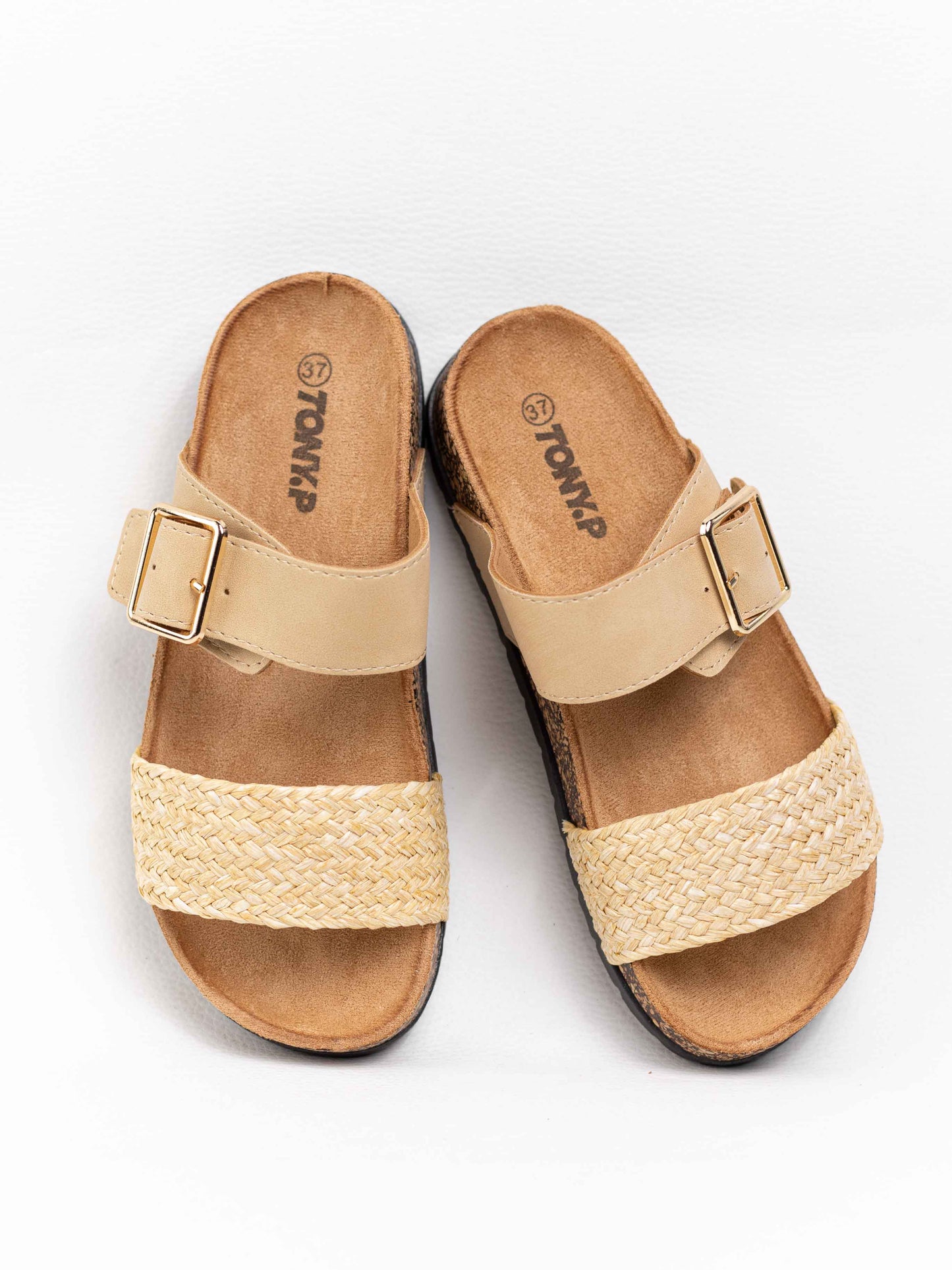 sandalias doble hebilla suela corcho Beige 37