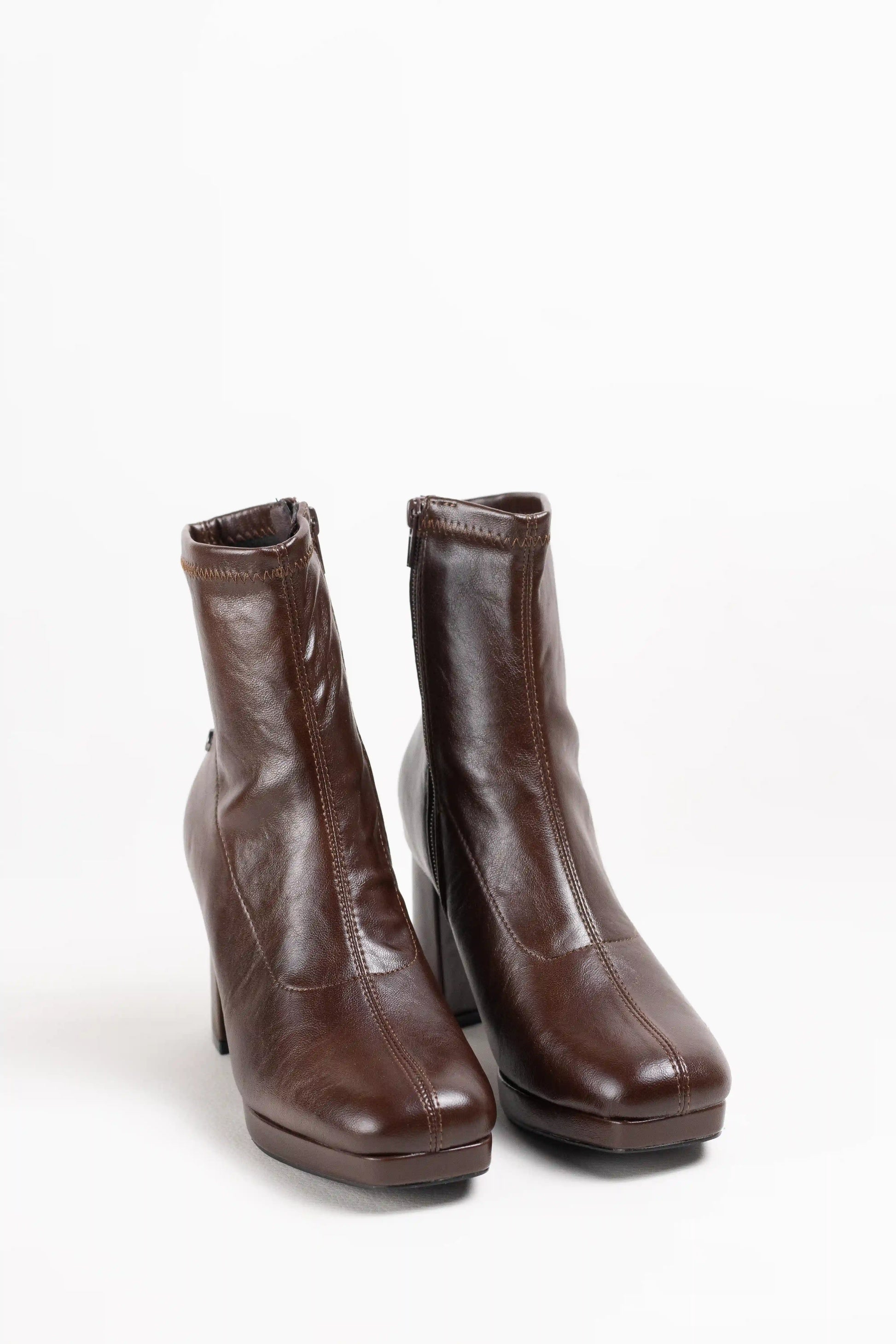 botines de tacon ancho con plataforma y cremallera lateral Marrón 39