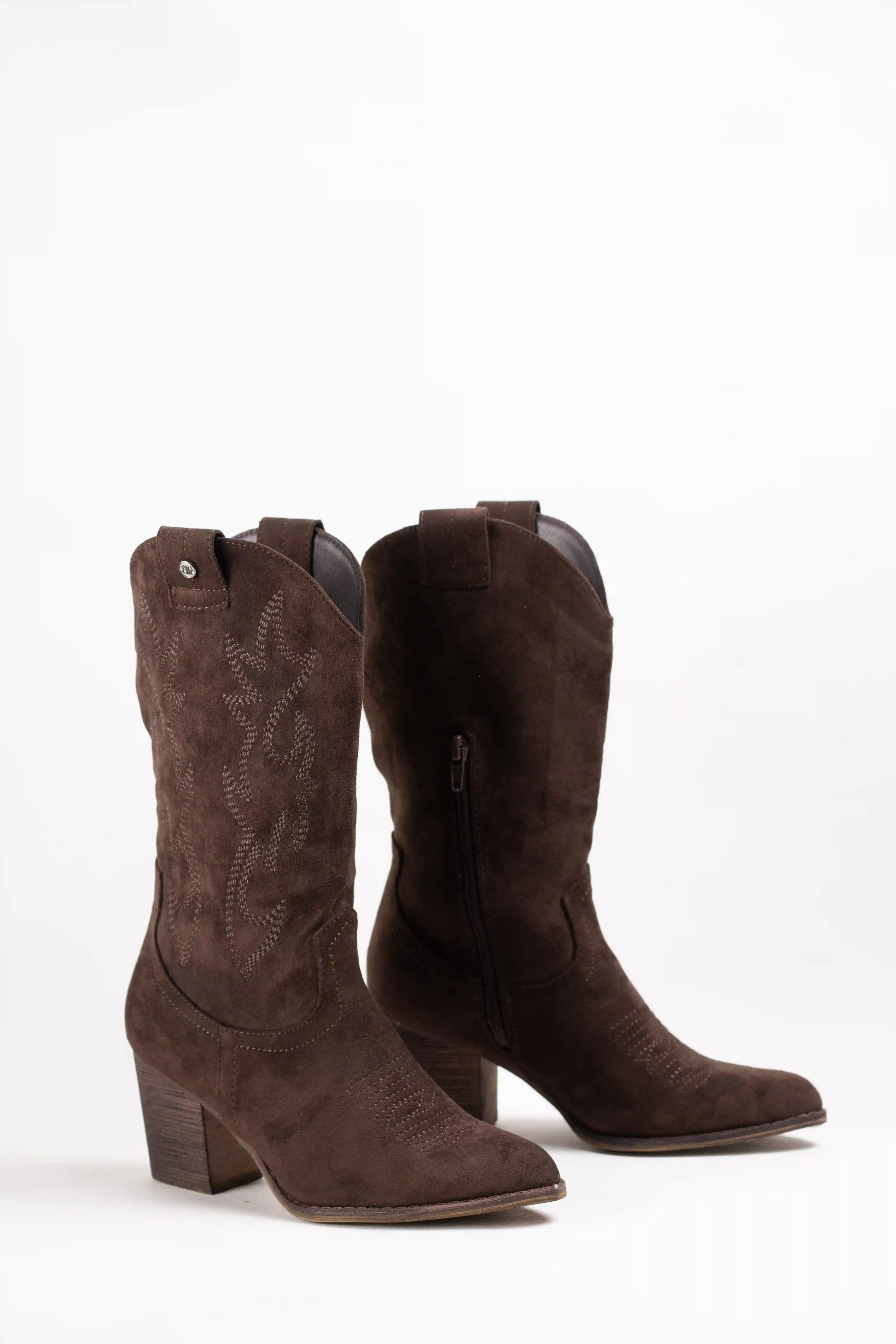 botas cowboy de ante para mujer con bordados y tacon de madera Negro 39