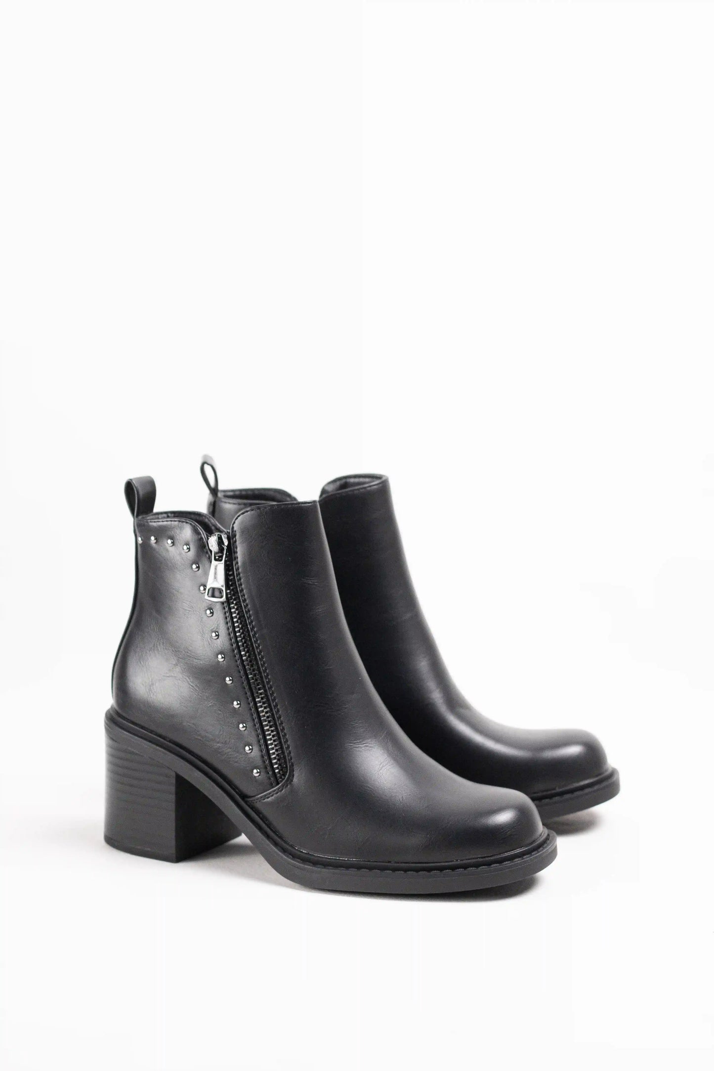 Botines de Tacón de Bloque con Cremallera y Remaches Metálicos