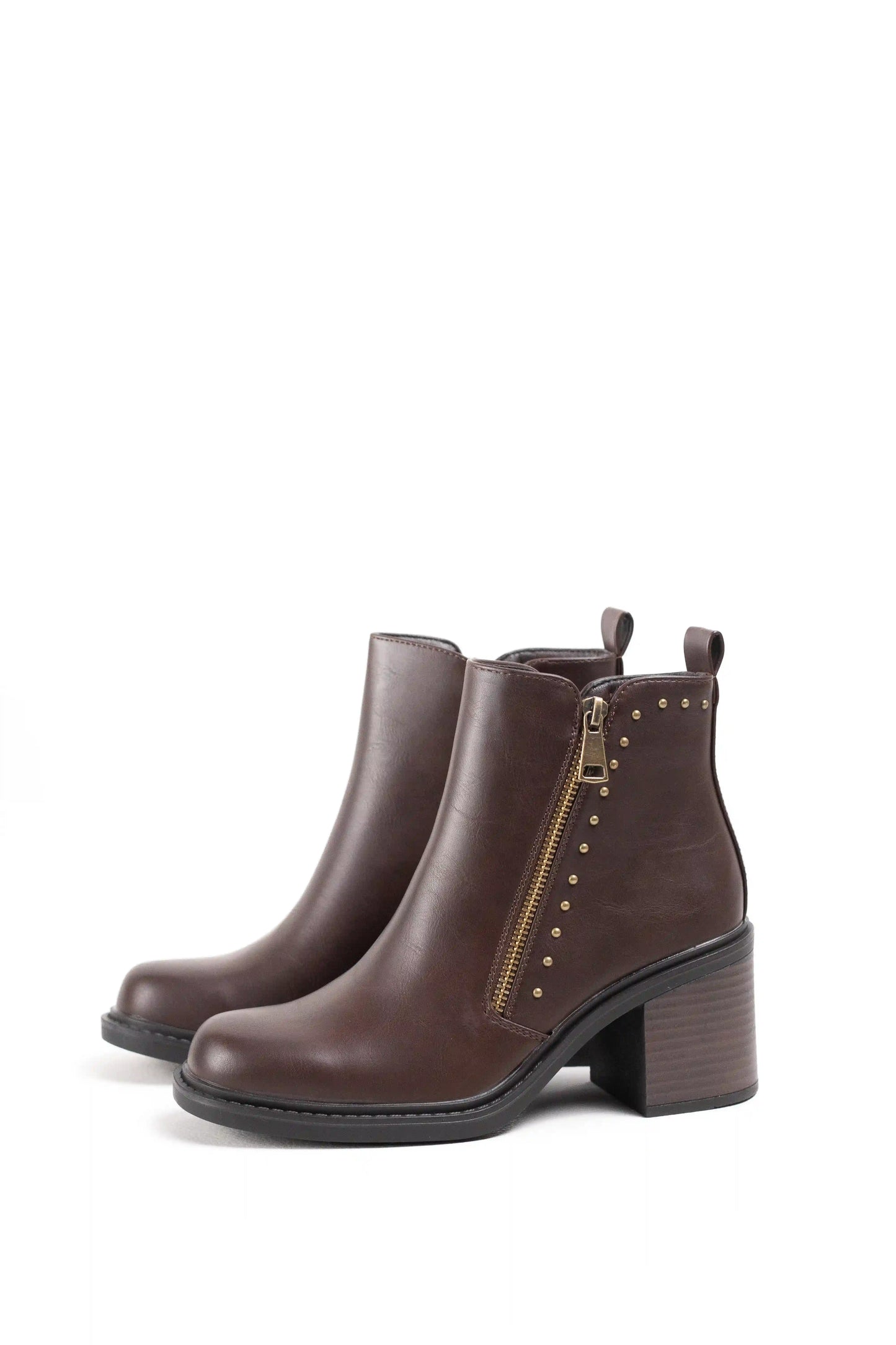 Botines de Tacón de Bloque con Cremallera y Remaches Metálicos