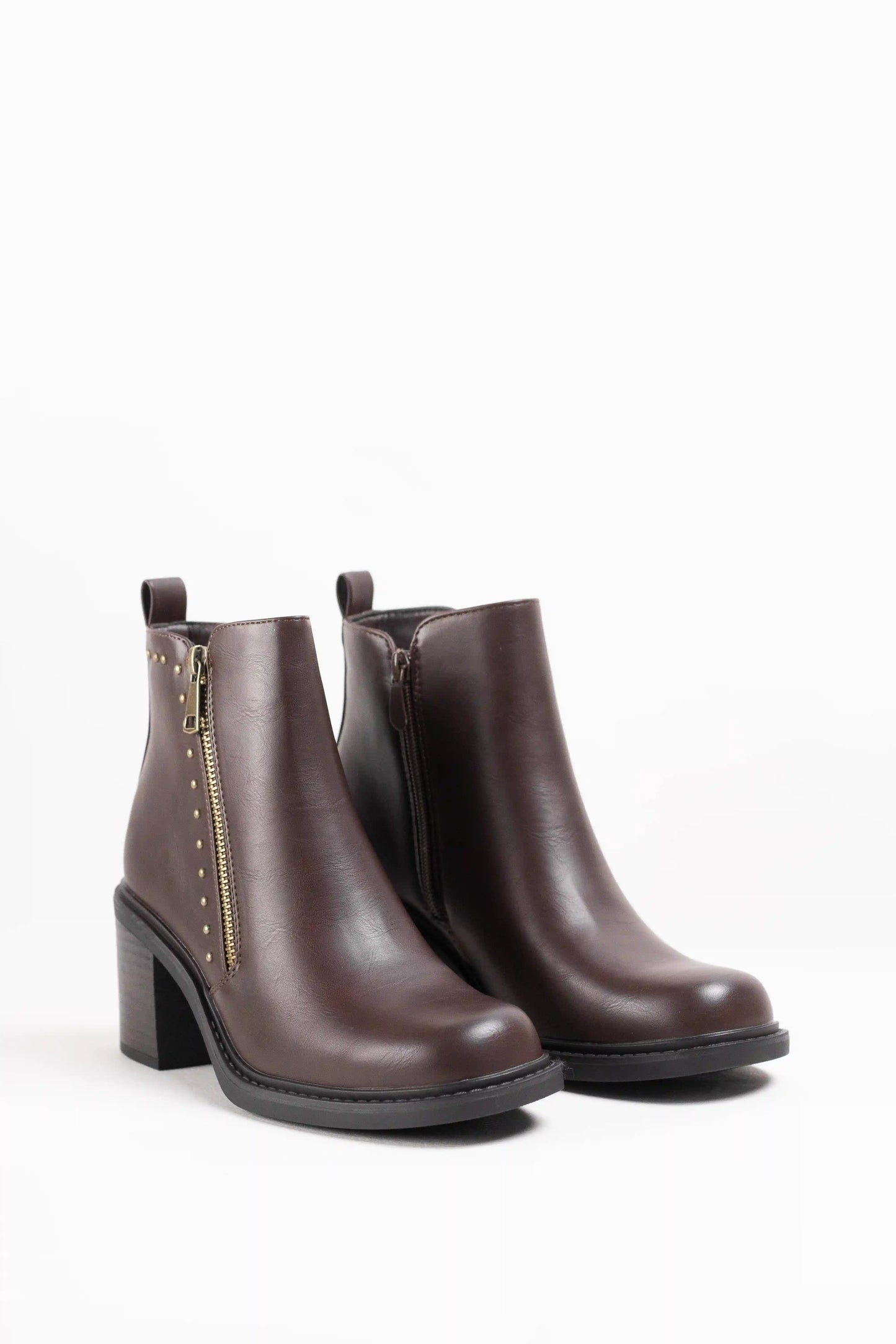 Botines de Tacón de Bloque con Cremallera y Remaches Metálicos