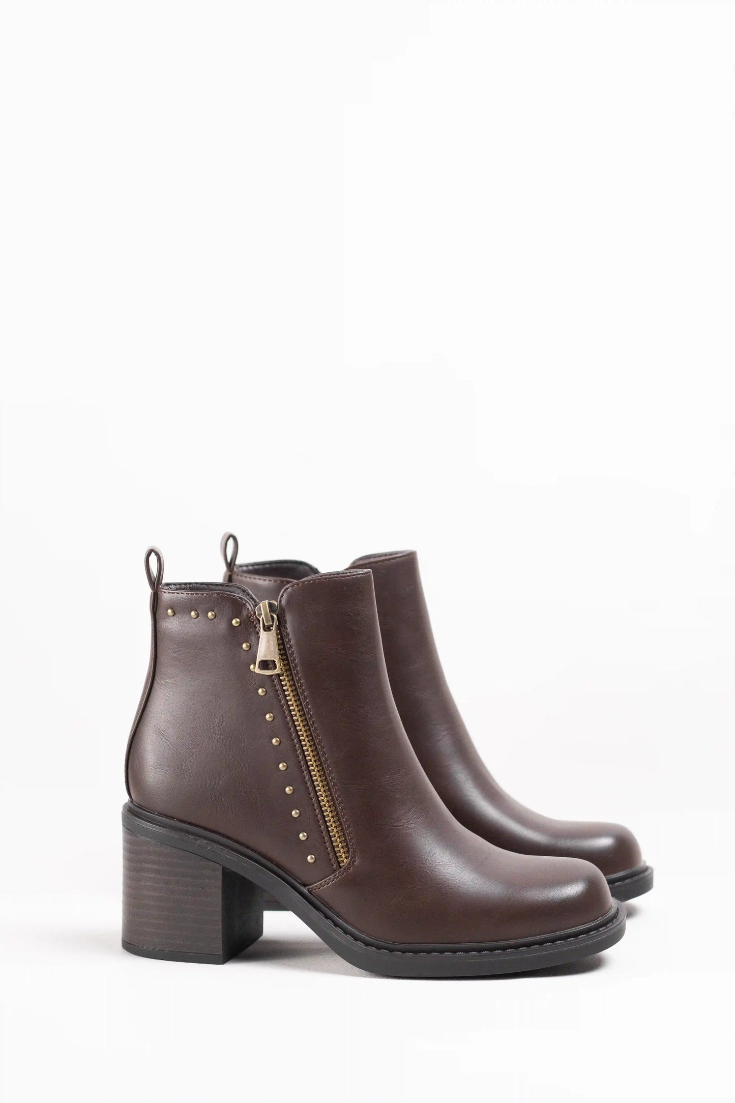 Botines de Tacón de Bloque con Cremallera y Remaches Metálicos