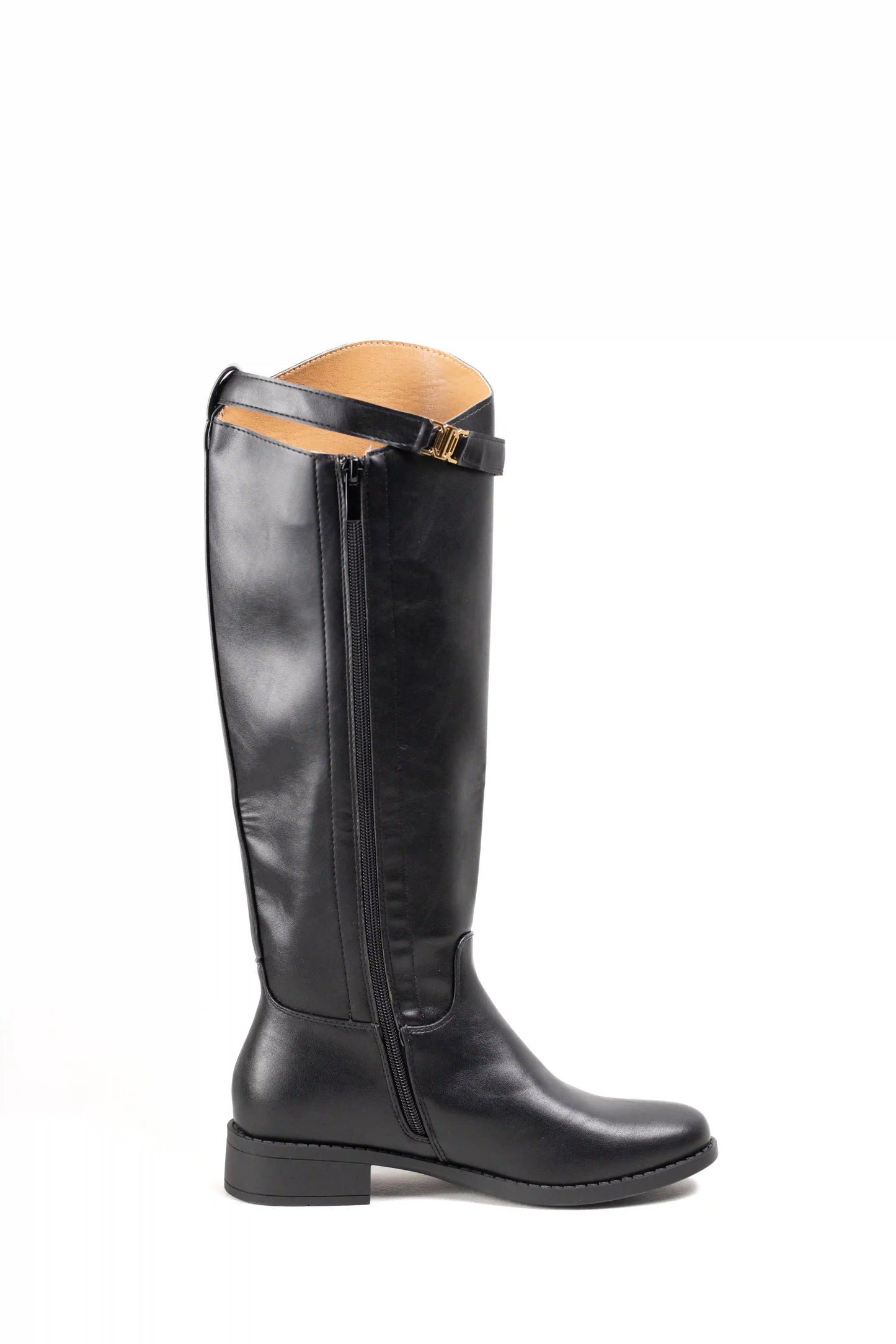 Bota de Montar Alta Negra con Correa Superior y Tacón Bajo