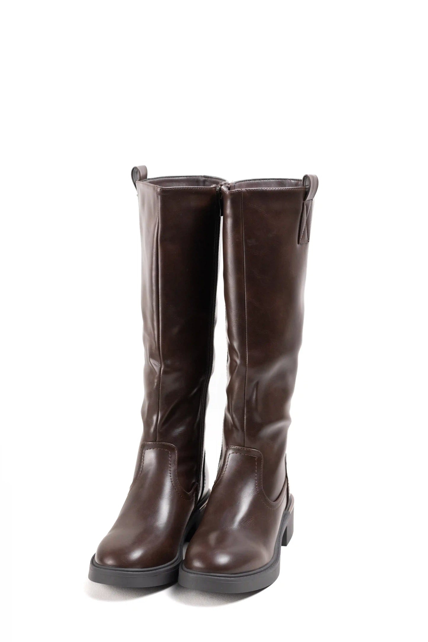 Bota Alta Marrón Oscuro de Piel Sintética con Suela Track y Tacón Bajo