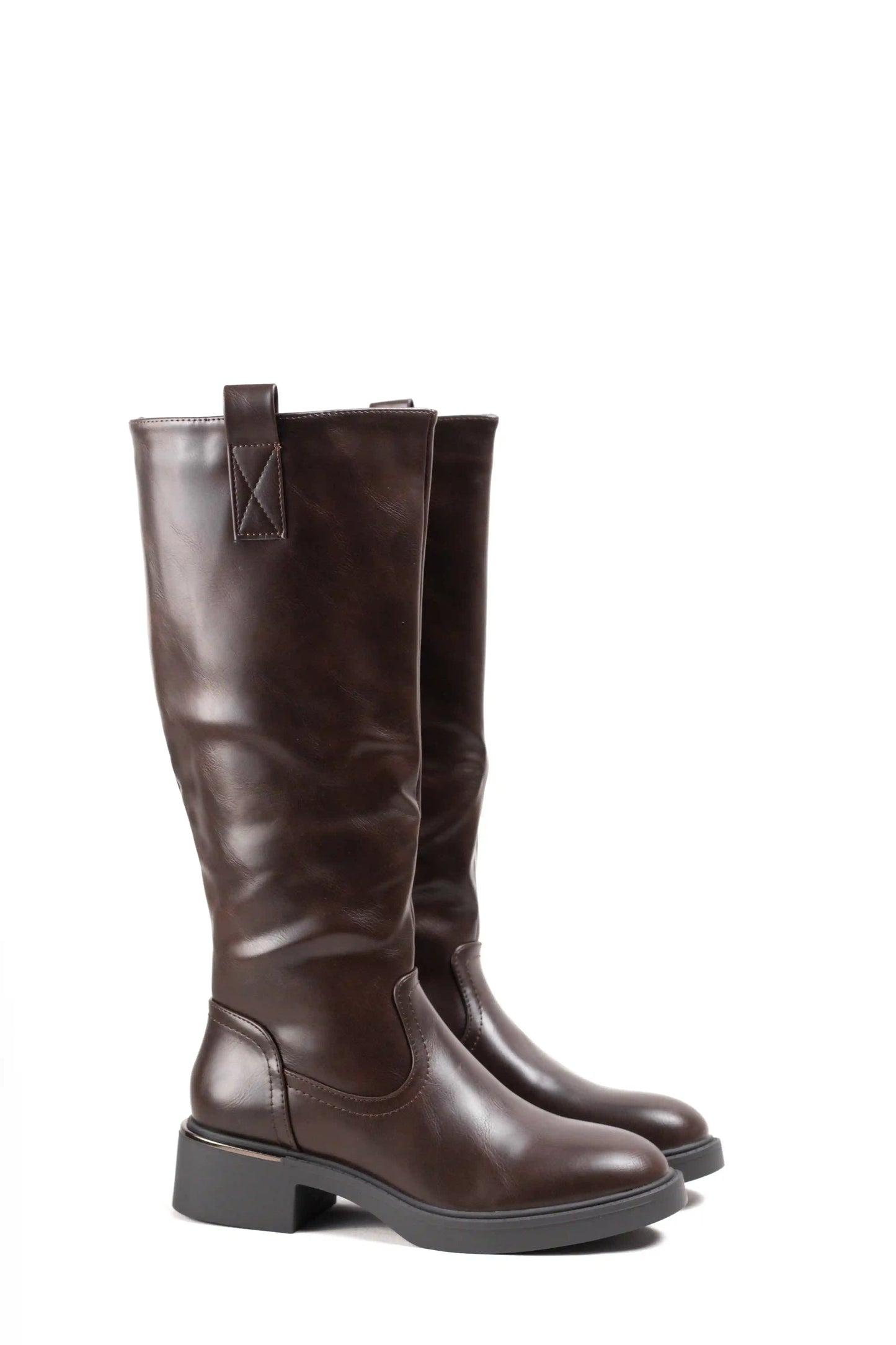 Bota Alta Marrón Oscuro de Piel Sintética con Suela Track y Tacón Bajo