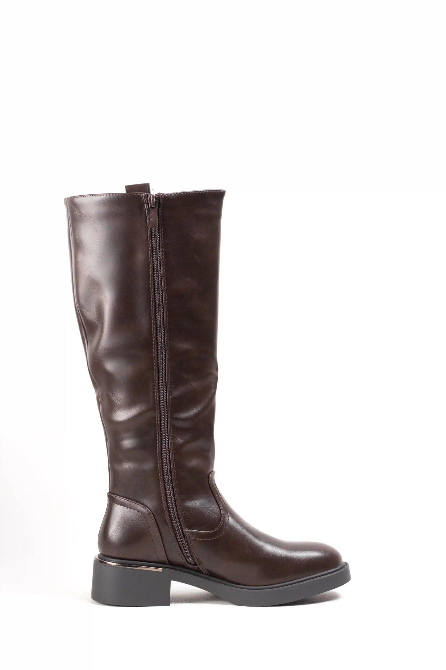 Bota Alta Marrón Oscuro de Piel Sintética con Suela Track y Tacón Bajo