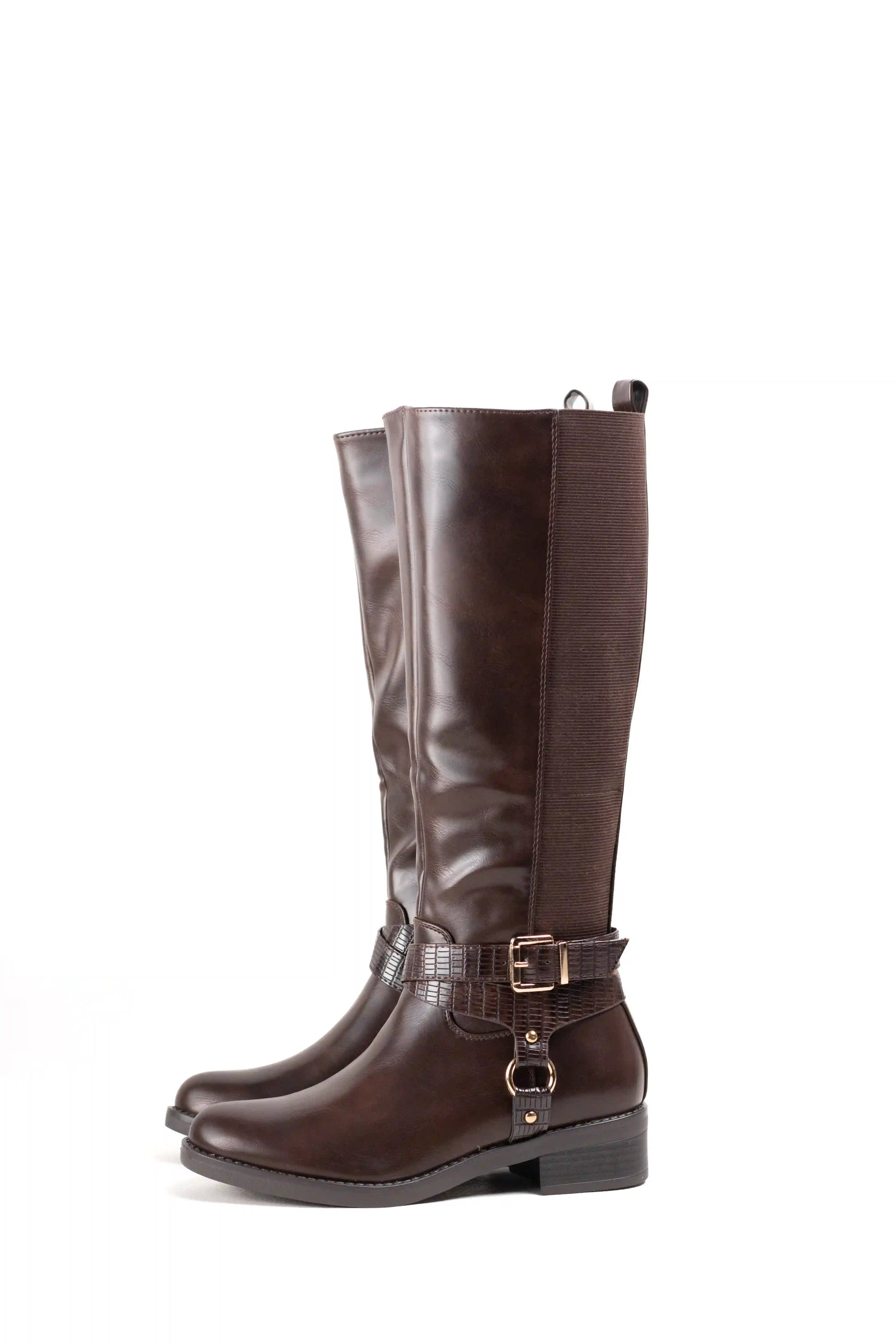 bota alta de montar marron con elastico trasero correa de cocodrilo y tacon bajo Marrón 36