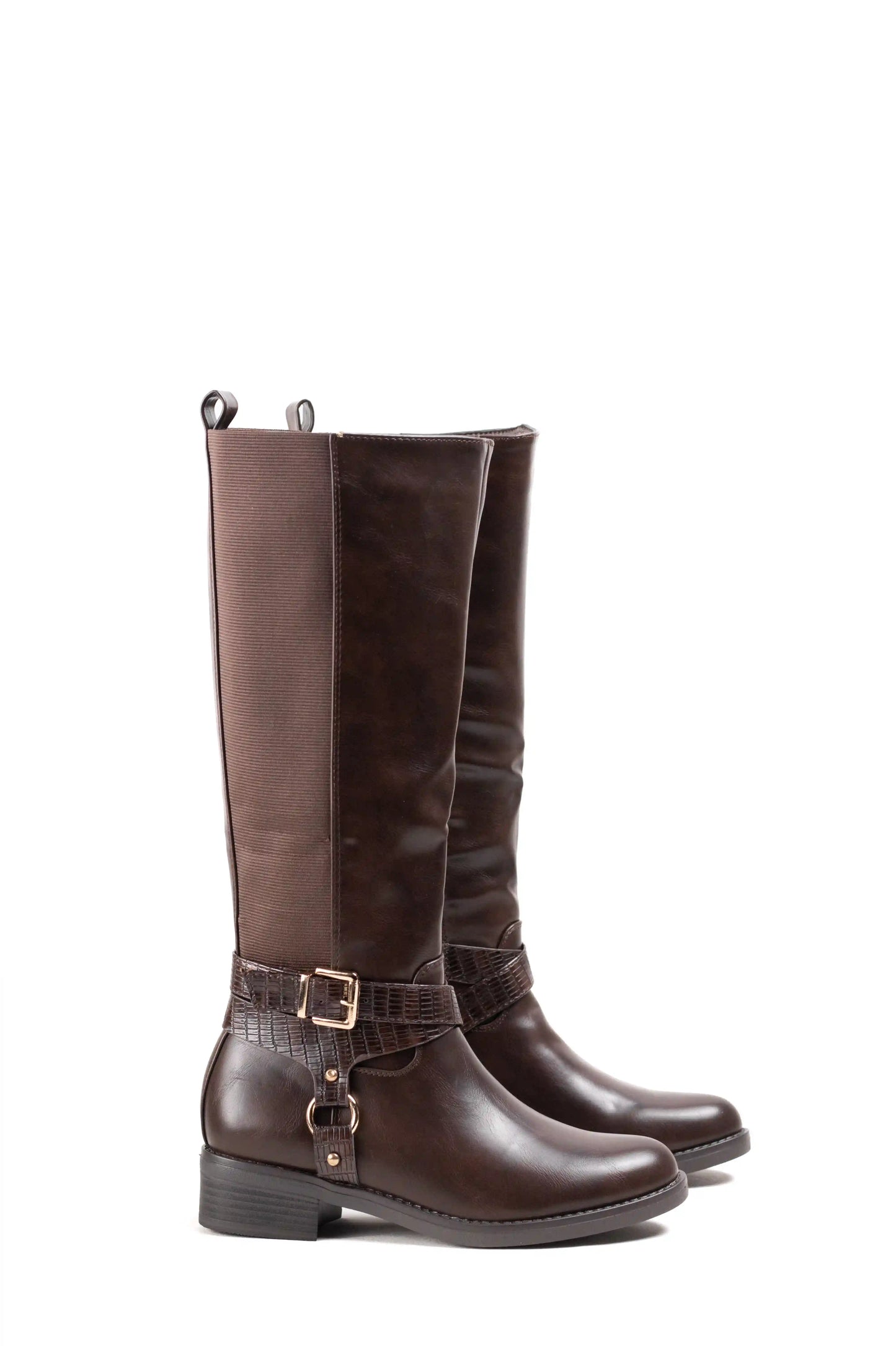 Bota Alta de Montar Marrón con Elástico Trasero, Correa de Cocodrilo y Tacón Bajo
