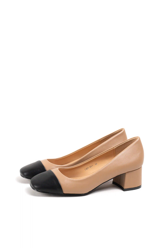 zapatos de salon bicolor nude y negro punta cuadrada y tacon bloque medio Khaki 36
