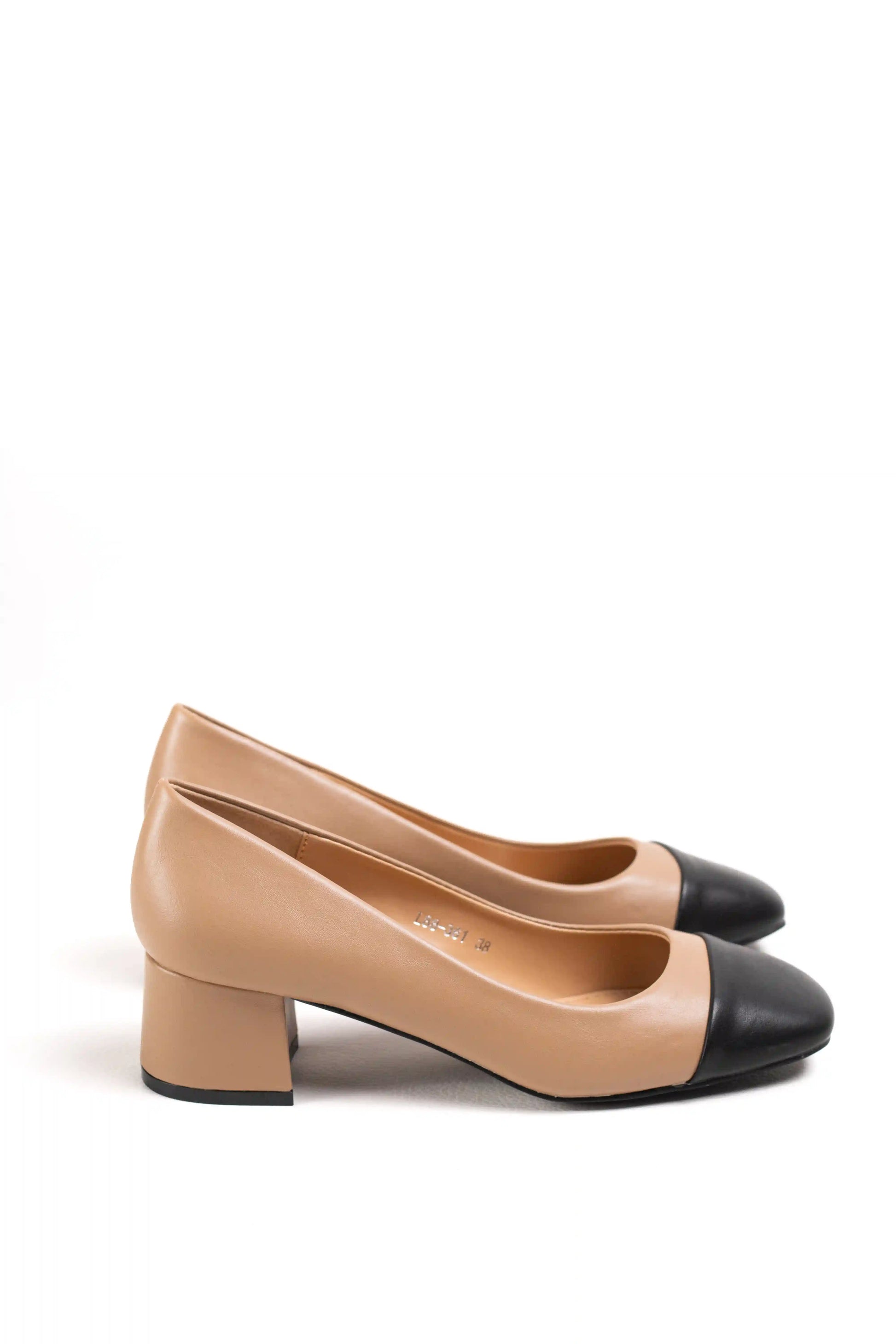 zapatos de salon bicolor nude y negro punta cuadrada y tacon bloque medio Khaki 39