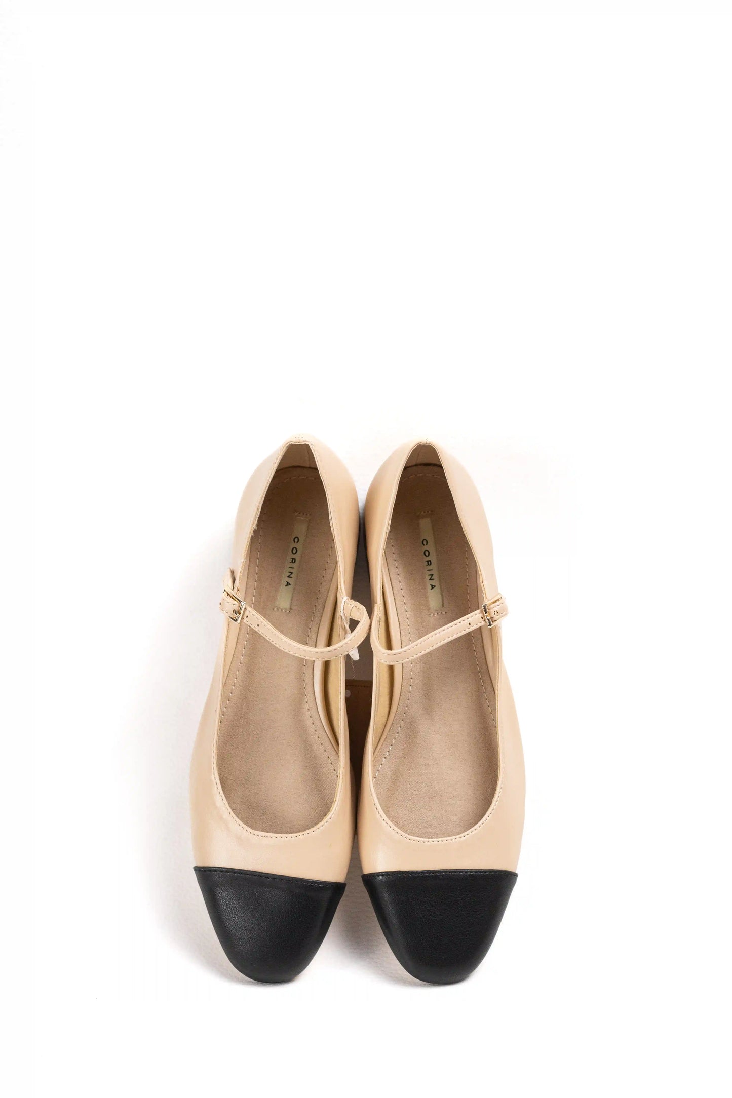 Bailarinas tipo Mary jane mujer nude con punta negra y pulsera ajustable Corina