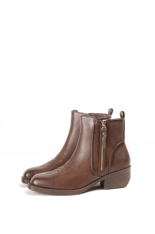 botin mujer cowboy estilo campero western de piel vegana y tacon bajo Marrón 36