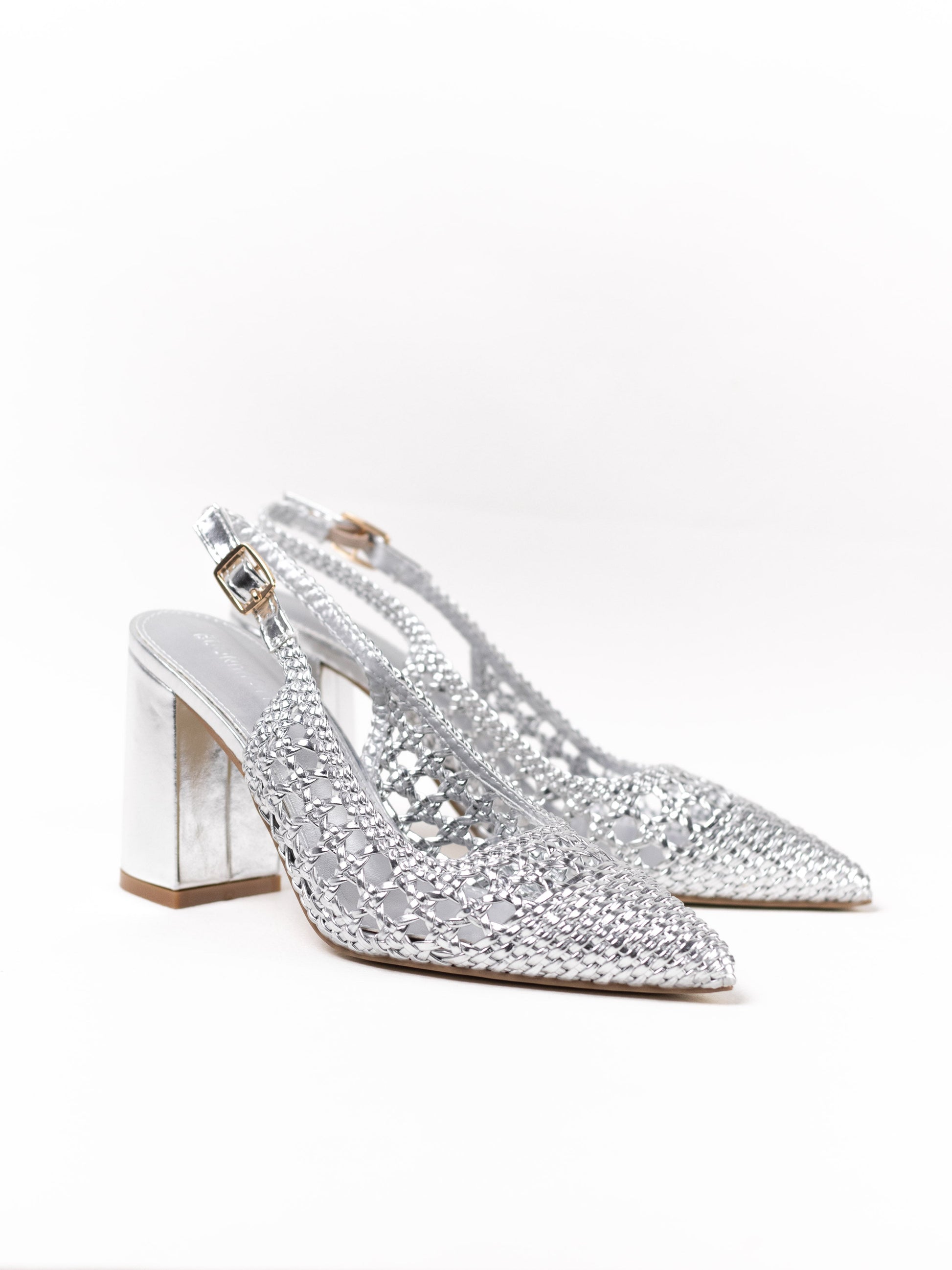 zapatos de tacon ancho diseno trenzadao Plateado 39