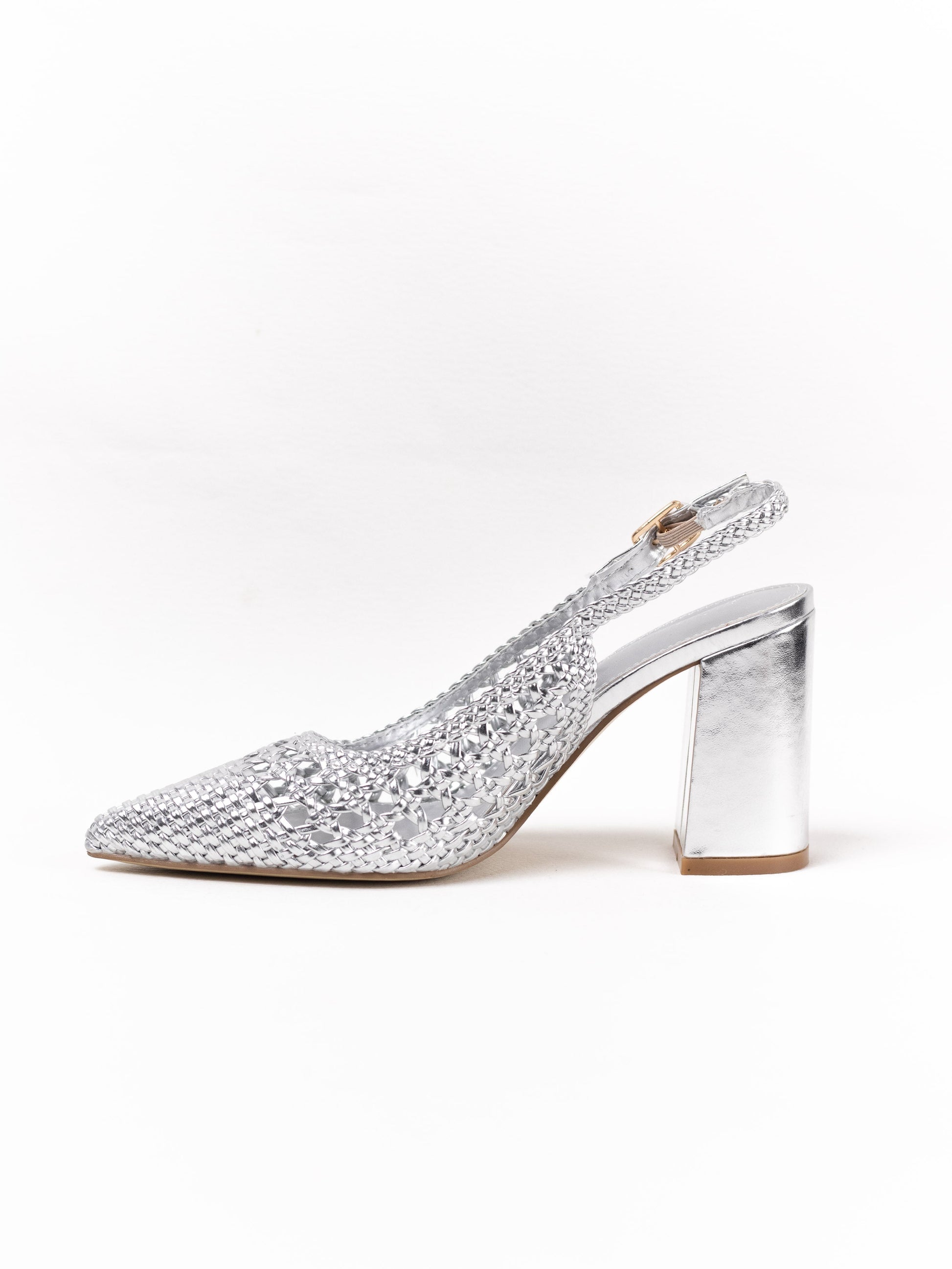 zapatos de tacon ancho diseno trenzadao Plateado 41